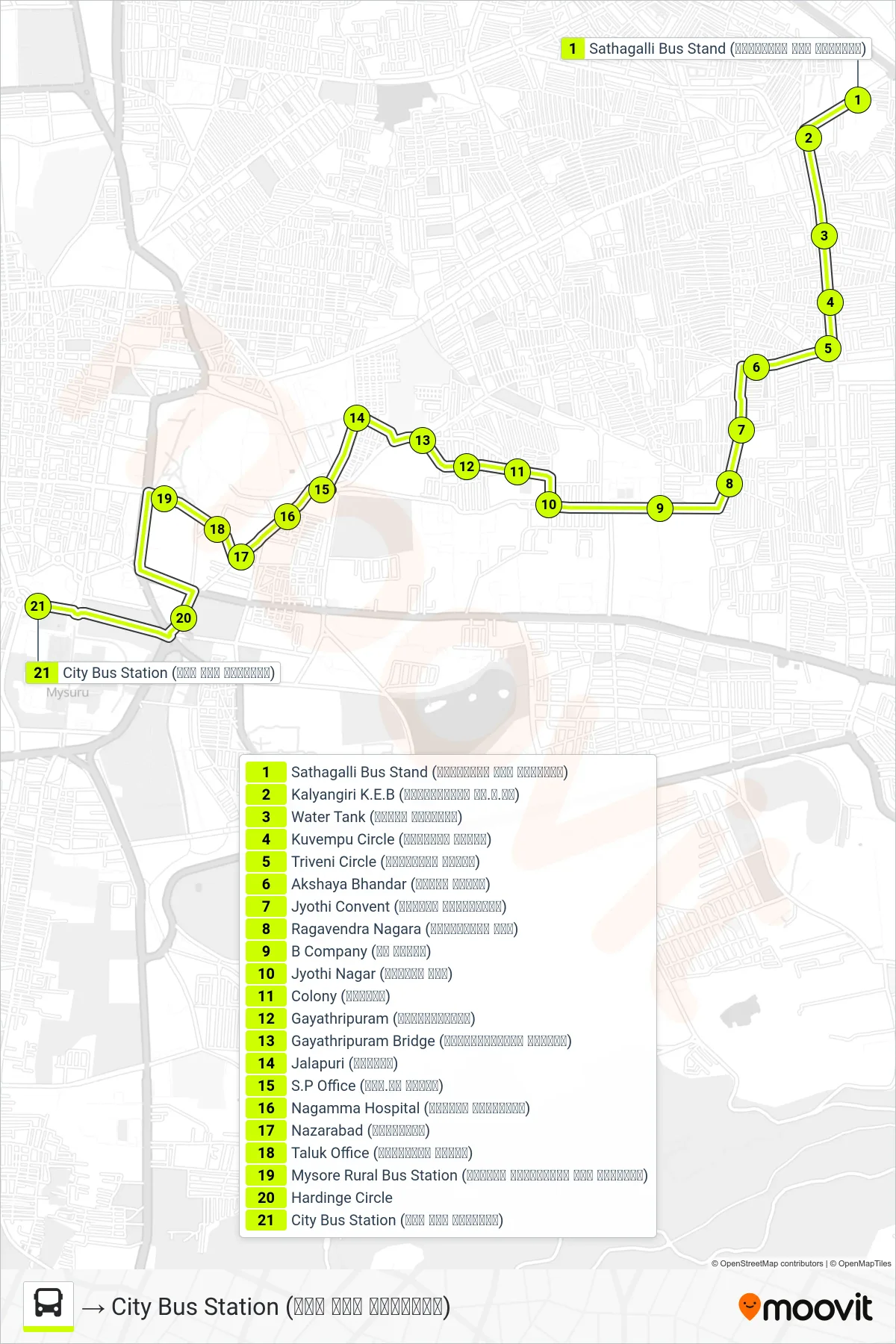 161 bus Line (→ City Bus Station (ನಗರ ಬಸ್ ನಿಲ್ದಾಣ)) route and stops on a map