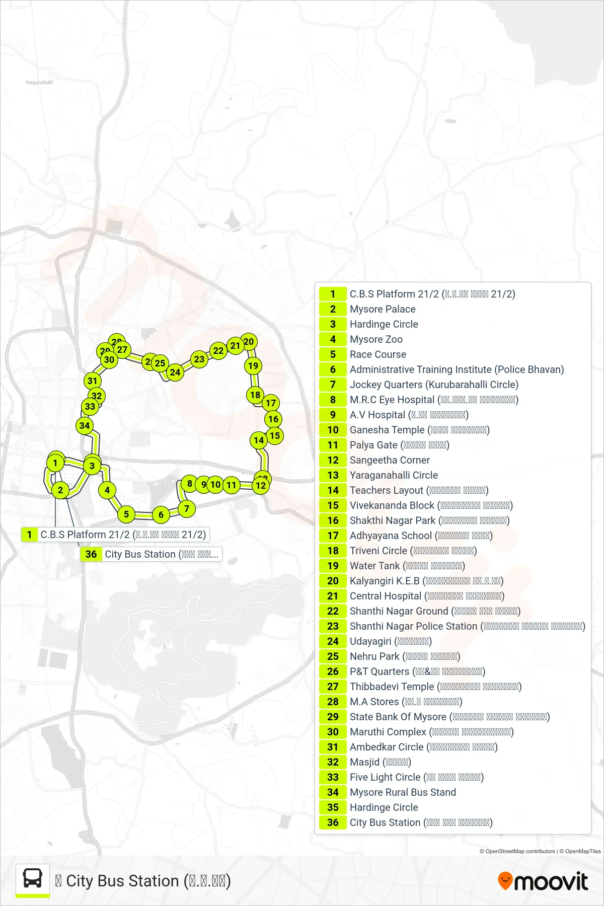 200 bus Line (↺ City Bus Station (ನ.ಬ.ನಿ)) route and stops on a map