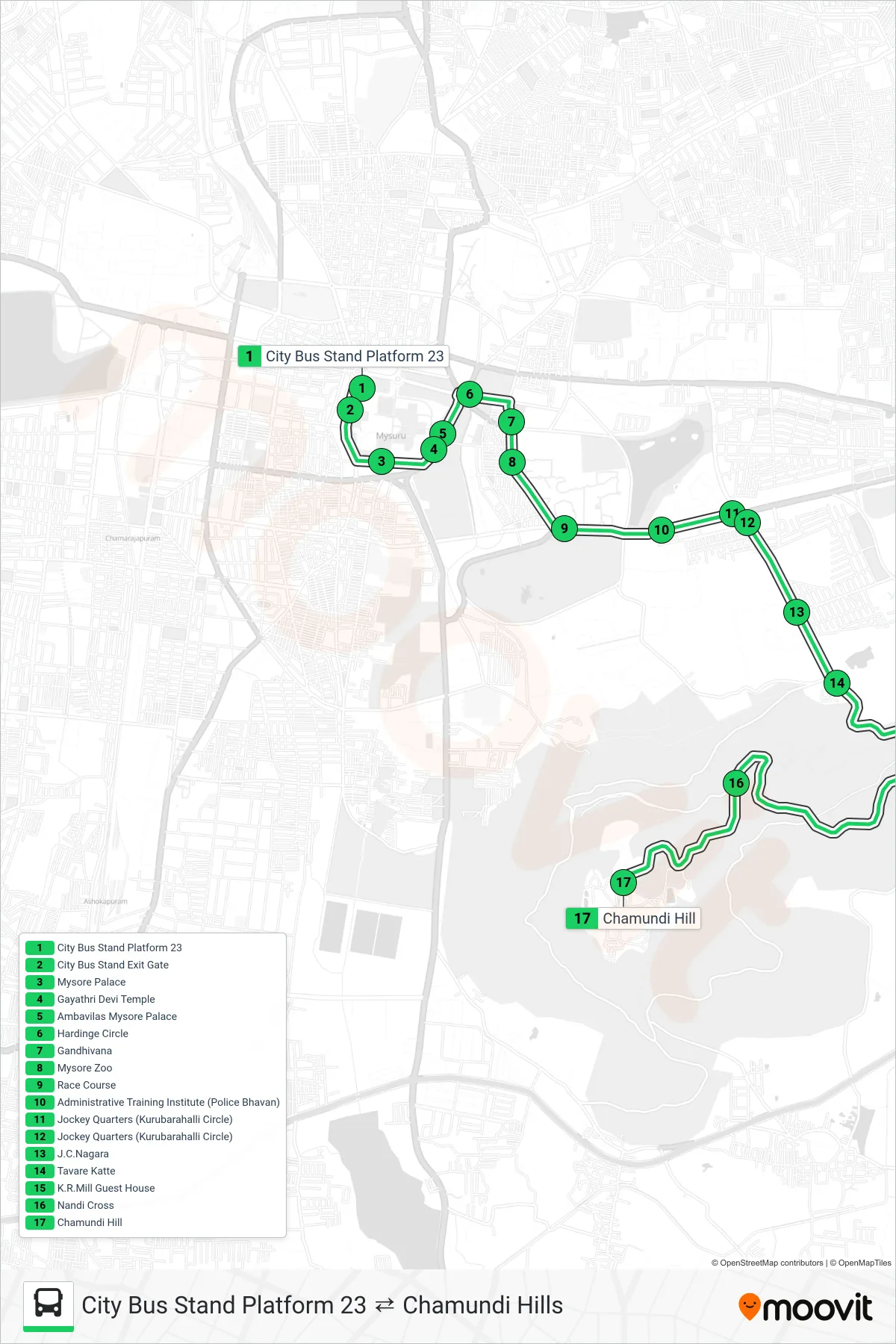 201 bus Line (Chamundi Hills) route and stops on a map