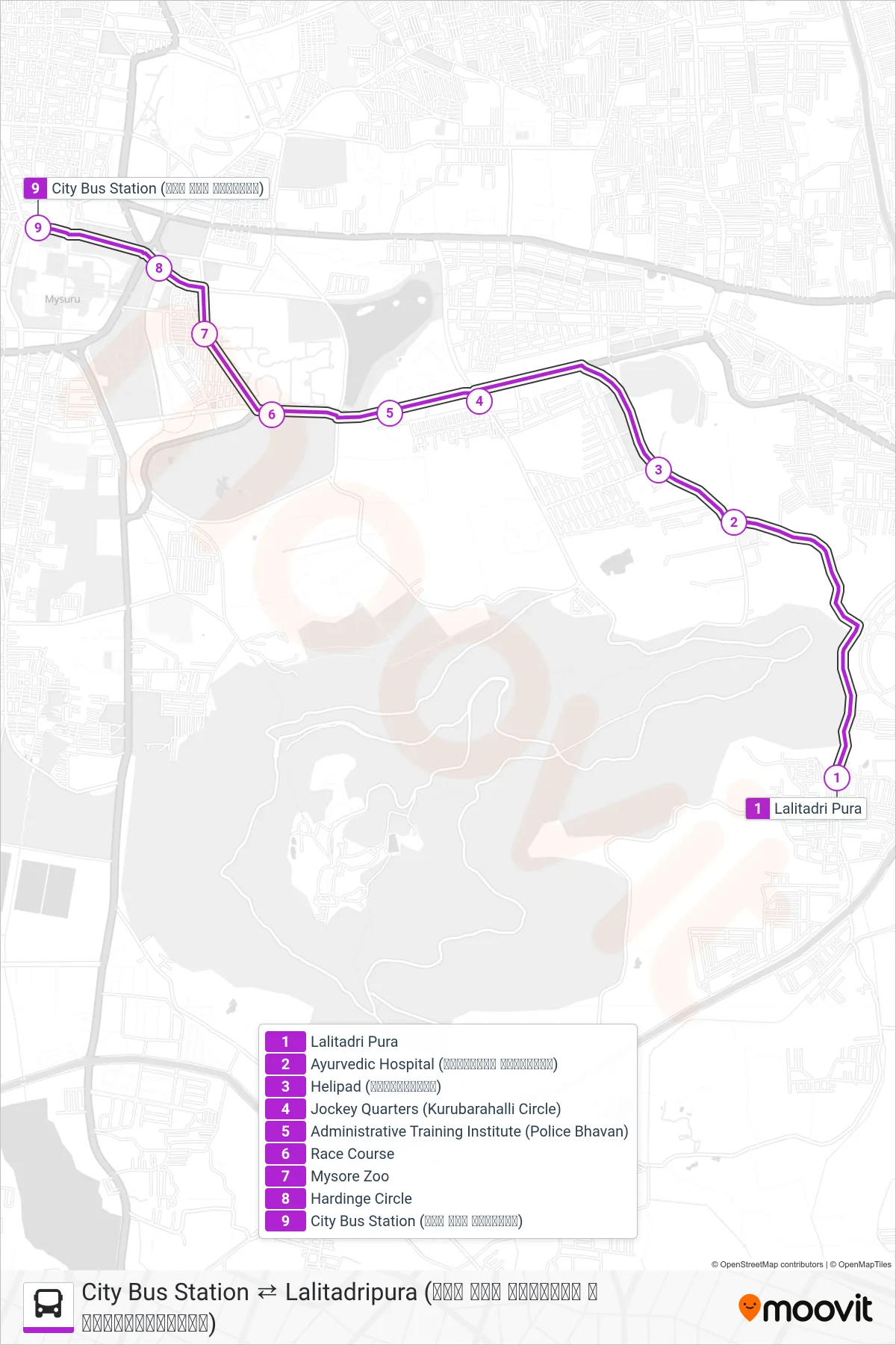 202 bus Line (→ City Bus Station (ನಗರ ಬಸ್ ನಿಲ್ದಾಣ)) route and stops on a map
