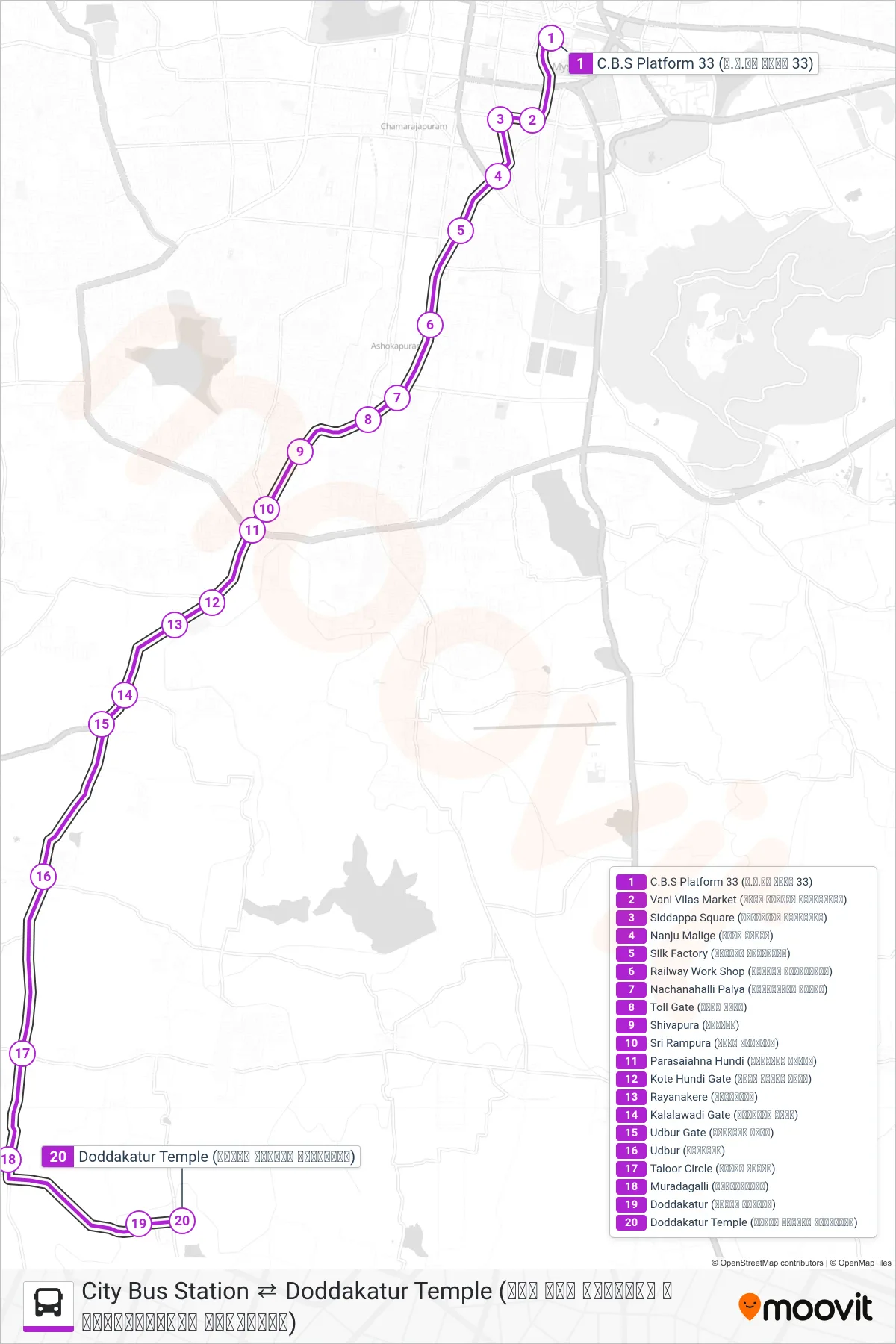 221 bus Line (→ Doddakatur Temple (ದೊಡ್ಡಕಾತೂರು ದೇವಸ್ಥಾನ)) route and stops on a map