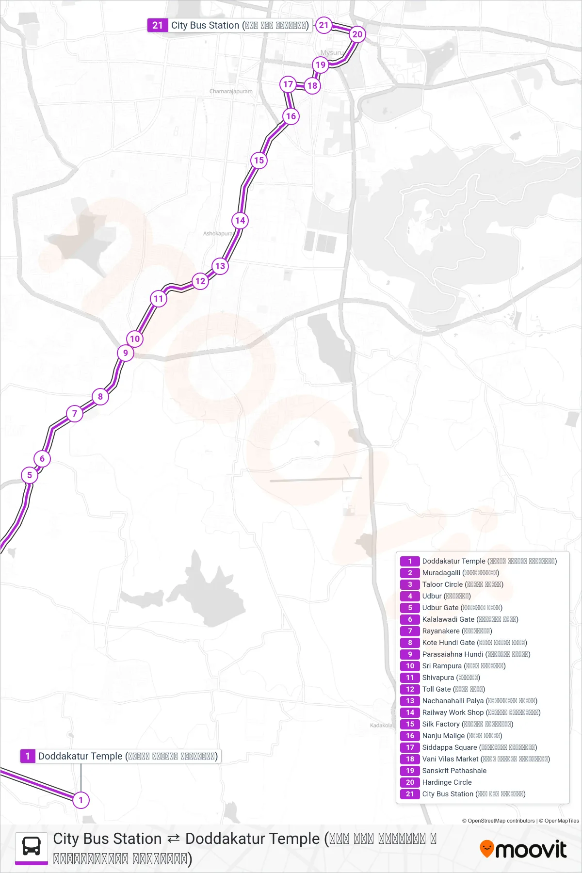 221 bus Line (→ City Bus Station (ನಗರ ಬಸ್ ನಿಲ್ದಾಣ)) route and stops on a map