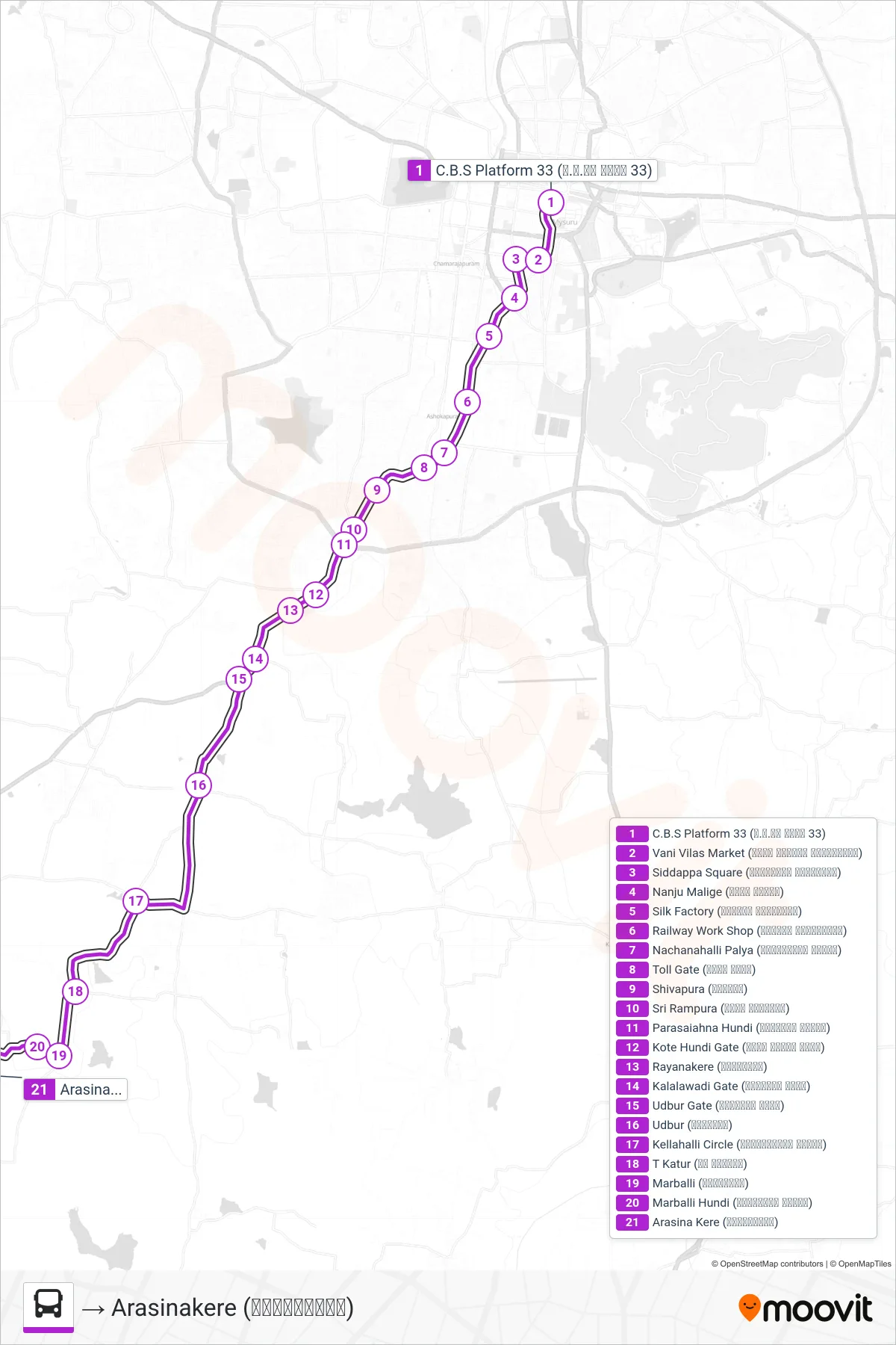 230 bus Line (→ Arasinakere (ಅರಸಿನಕೆರೆ)) route and stops on a map