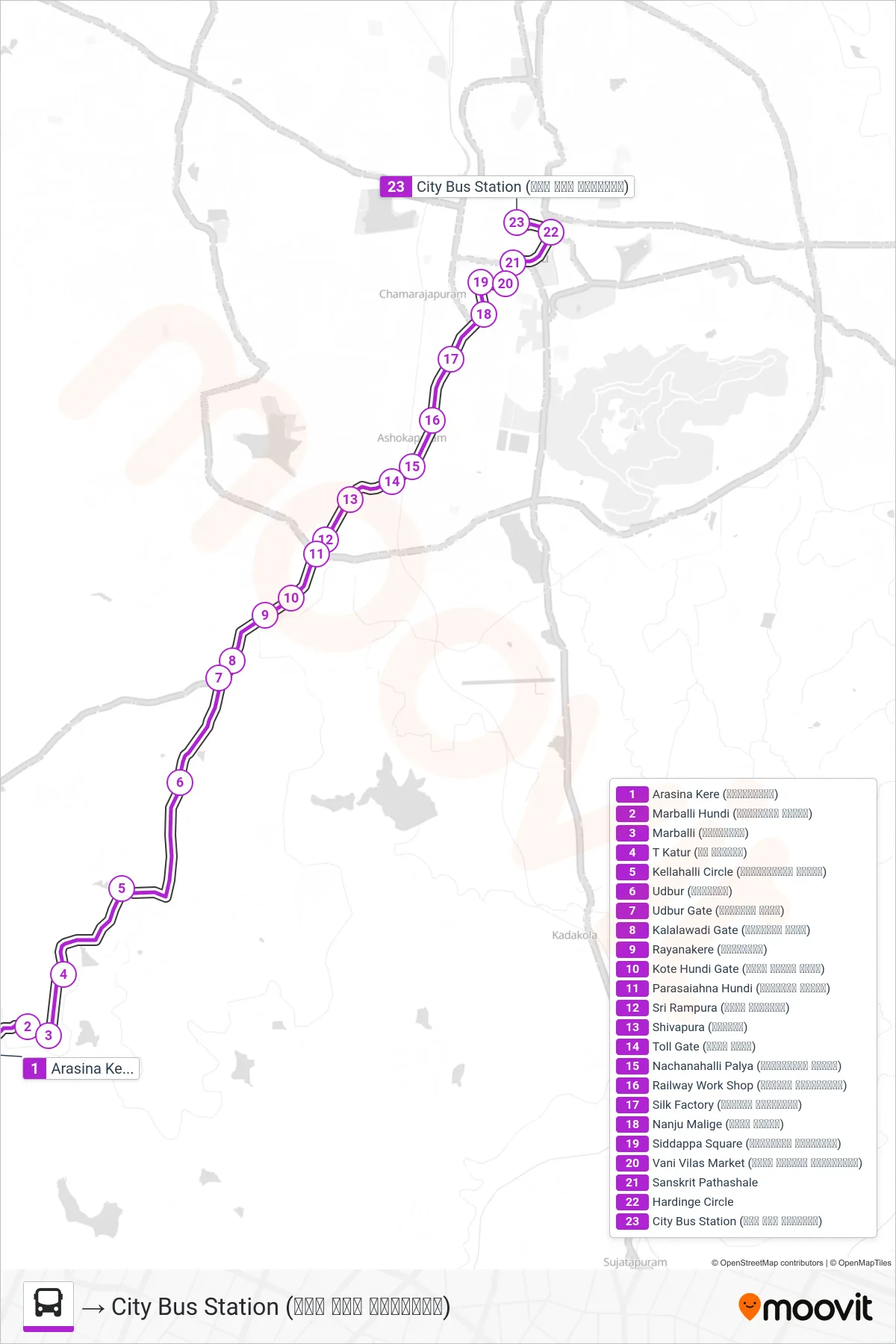 230 bus Line (→ City Bus Station (ನಗರ ಬಸ್ ನಿಲ್ದಾಣ)) route and stops on a map