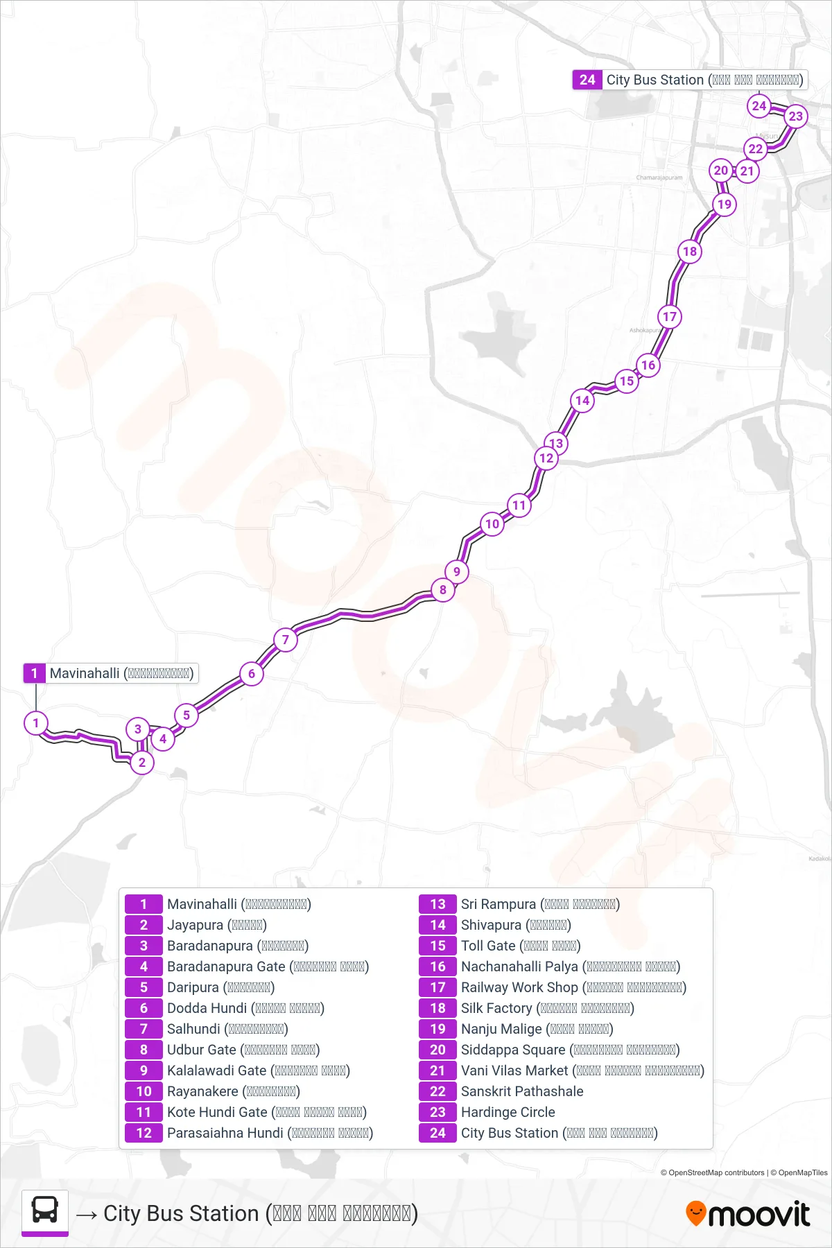 235 bus Line (→ City Bus Station (ನಗರ ಬಸ್ ನಿಲ್ದಾಣ)) route and stops on a map