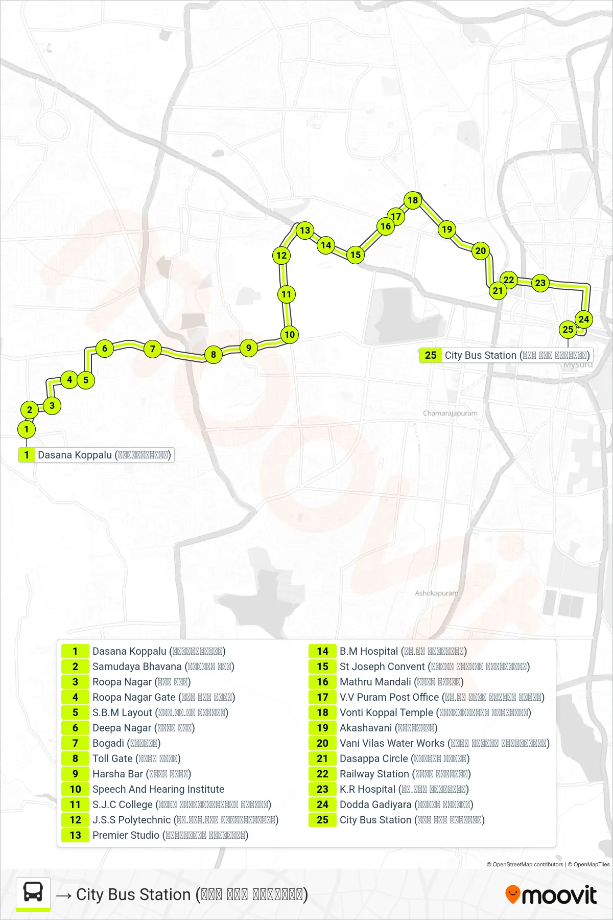 253 bus Line (→ City Bus Station (ನಗರ ಬಸ್ ನಿಲ್ದಾಣ)) route and stops on a map