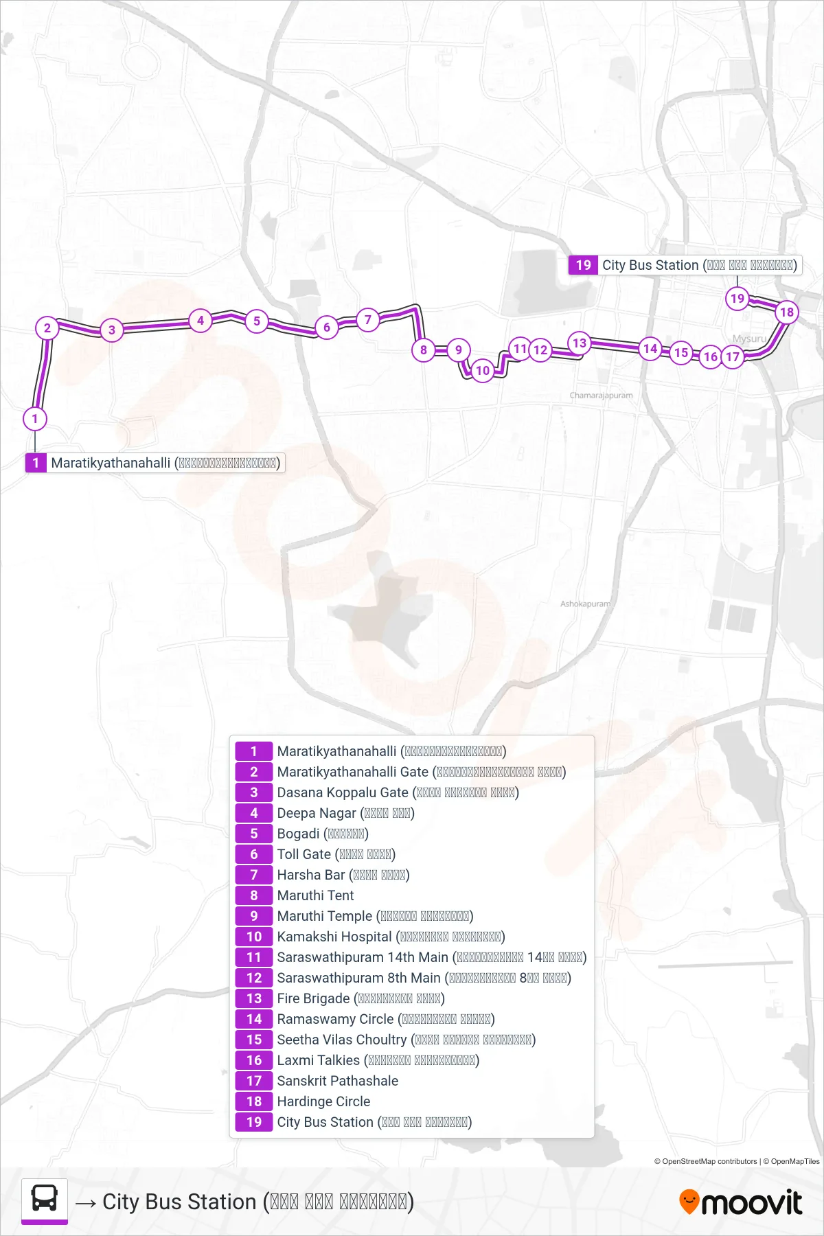 254 bus Line (→ City Bus Station (ನಗರ ಬಸ್ ನಿಲ್ದಾಣ)) route and stops on a map