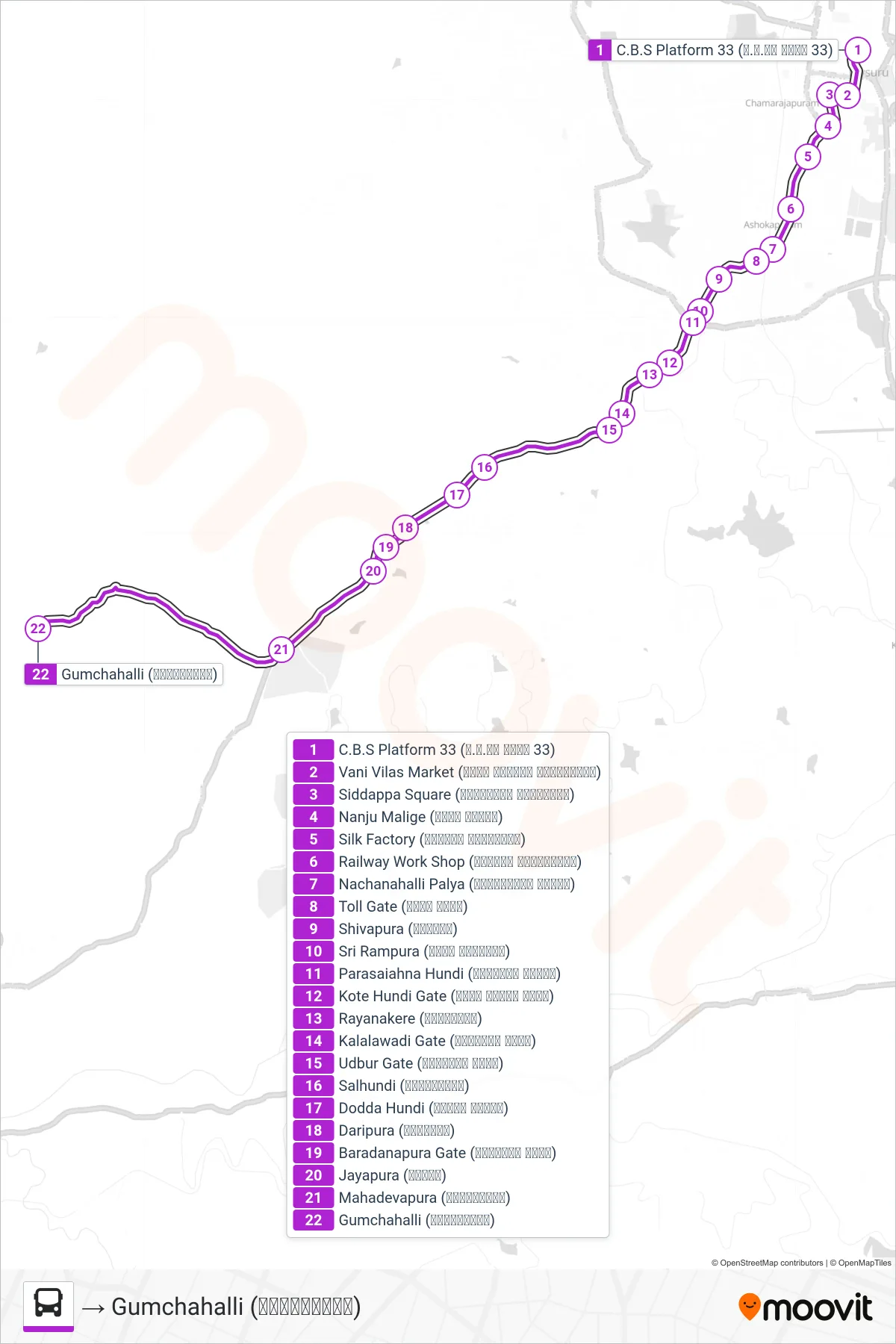 255 bus Line (→ Gumchahalli (ಗುಂಚಹಳ್ಳಿ)) route and stops on a map