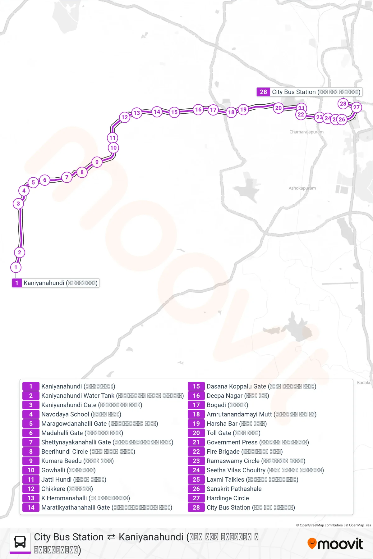 256 bus Line (→ City Bus Station (ನಗರ ಬಸ್ ನಿಲ್ದಾಣ)) route and stops on a map