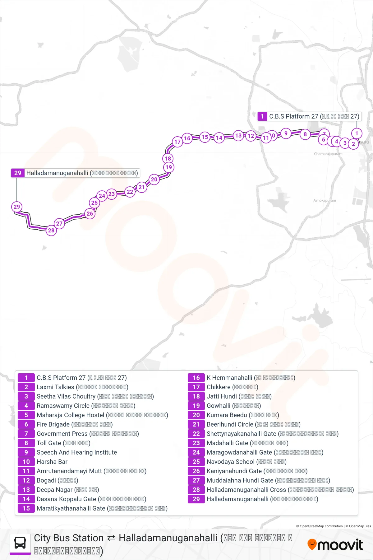 258 bus Line (→ Halladamanuganahalli (ಹಳ್ಳದಮಾನುಗನಹಳ್ಳಿ)) route and stops on a map