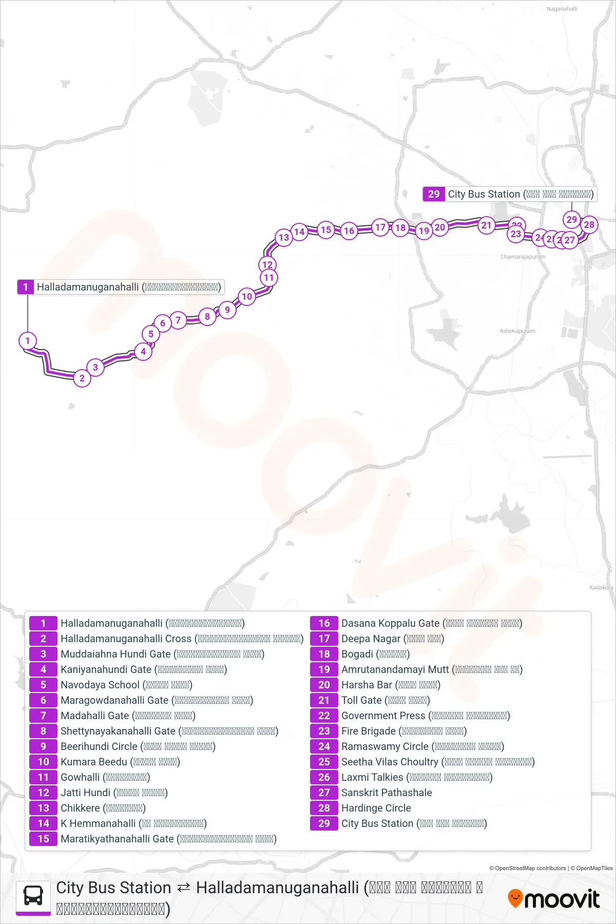 258 bus Line (→ City Bus Station (ನಗರ ಬಸ್ ನಿಲ್ದಾಣ)) route and stops on a map