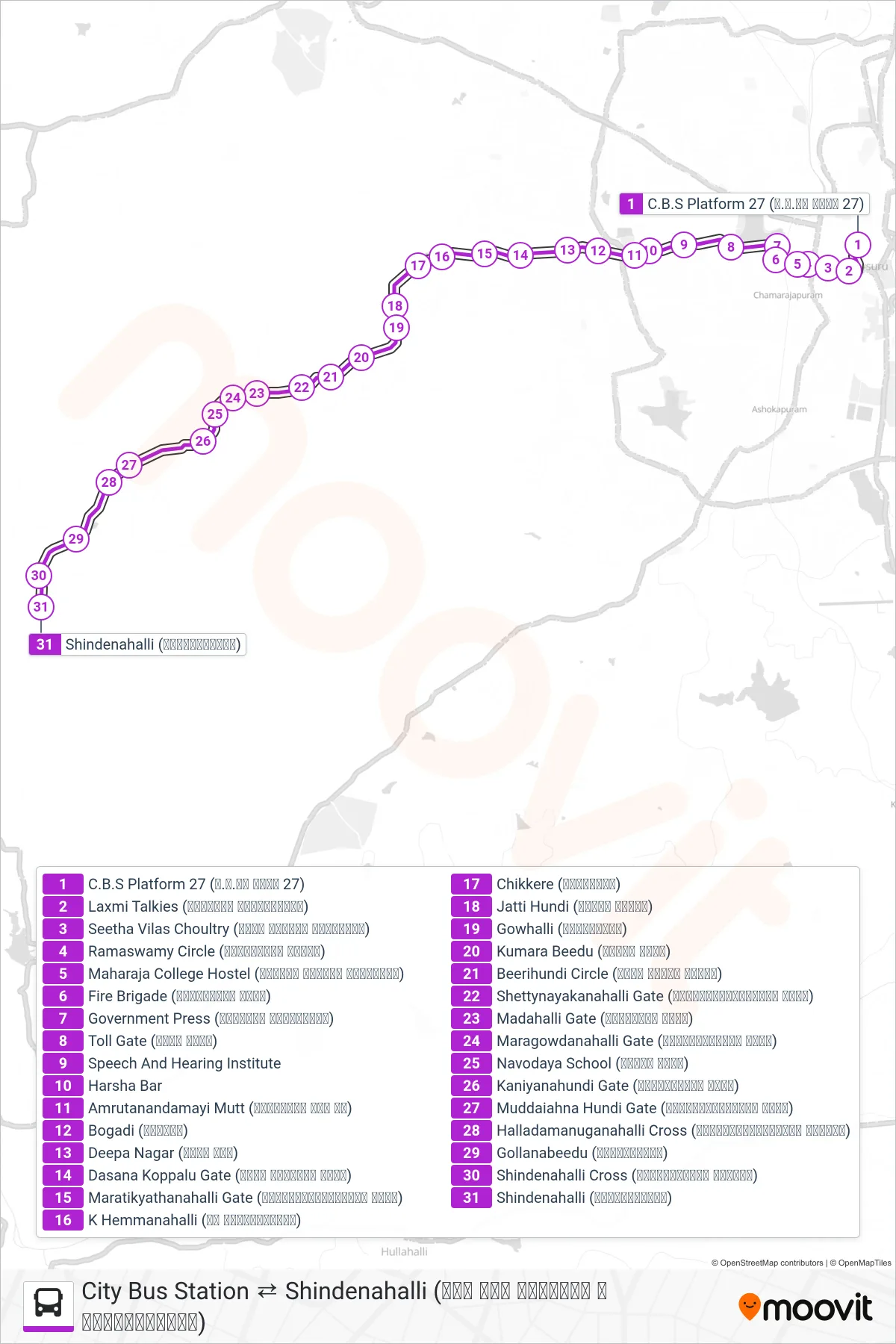 259 bus Line (→ Shindenahalli (ಶಿಂಡೇನಹಳ್ಳಿ)) route and stops on a map