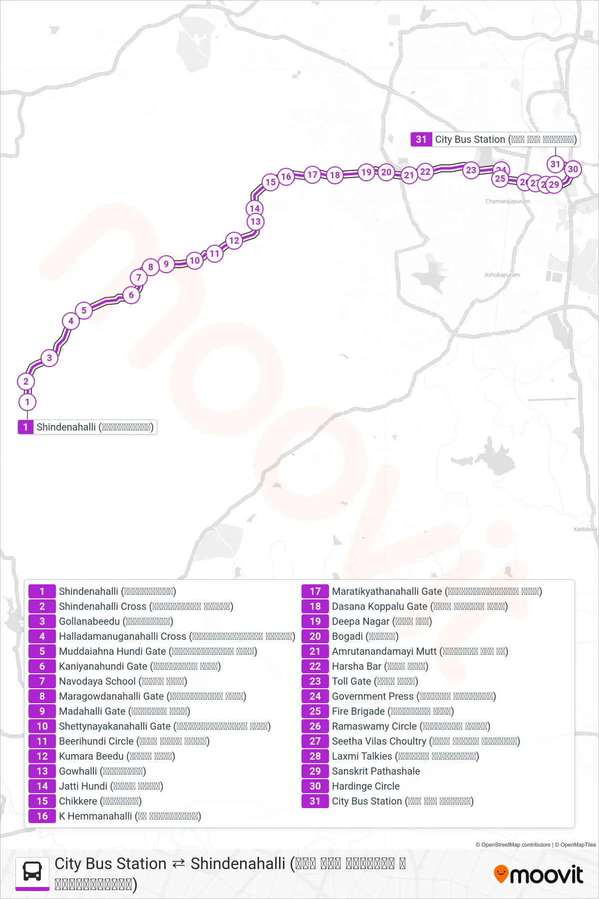 259 bus Line (→ City Bus Station (ನಗರ ಬಸ್ ನಿಲ್ದಾಣ)) route and stops on a map