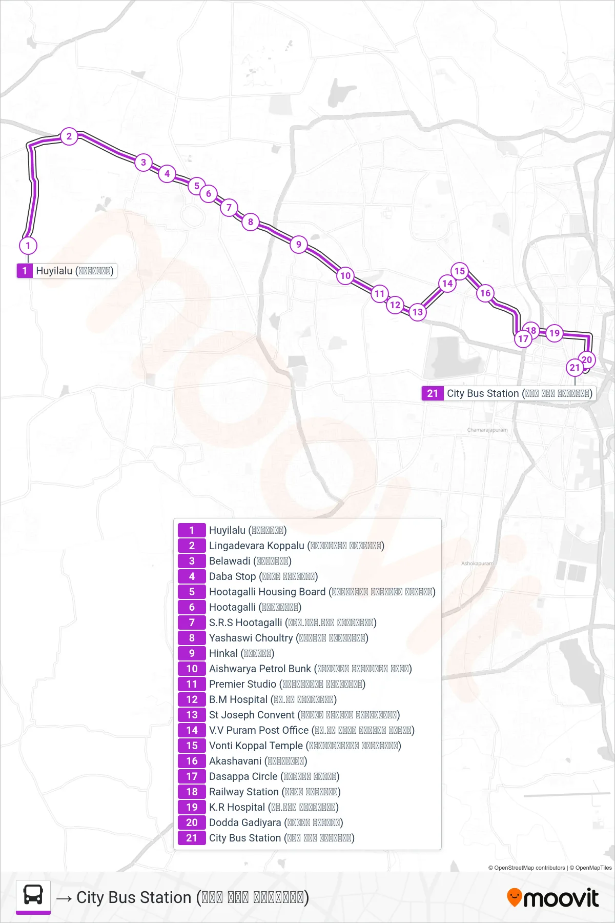 260 bus Line (→ City Bus Station (ನಗರ ಬಸ್ ನಿಲ್ದಾಣ)) route and stops on a map