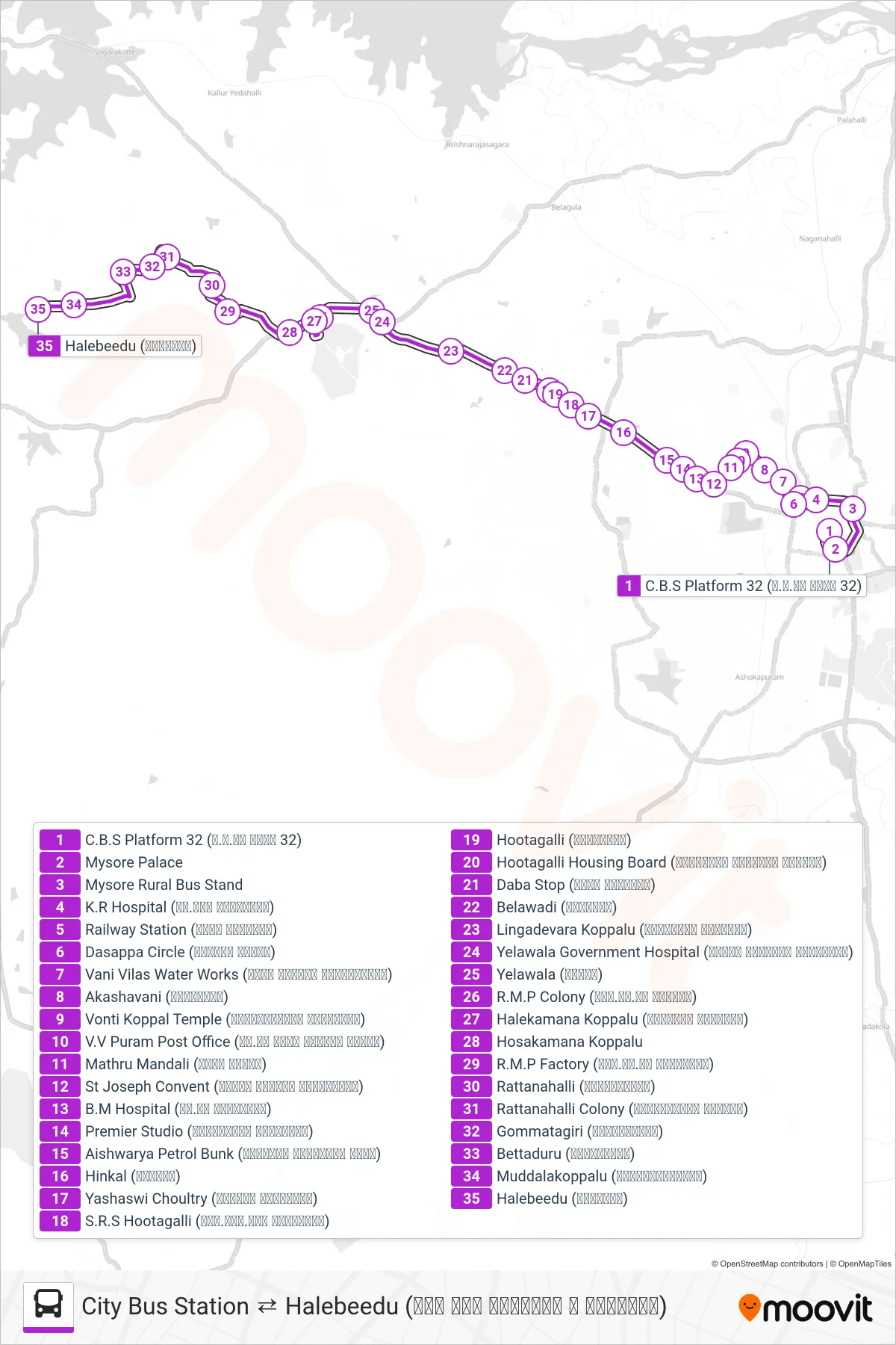 264 bus Line (→ Halebeedu (ಹಳೇಬೀಡು)) route and stops on a map