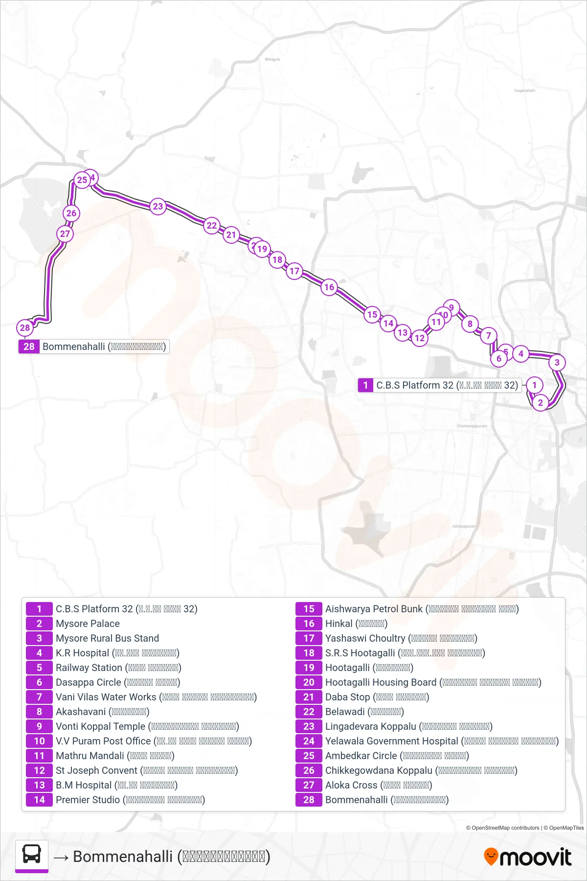 268 bus Line (→ Bommenahalli (ಬೊಮ್ಮೇನಹಳ್ಳಿ)) route and stops on a map