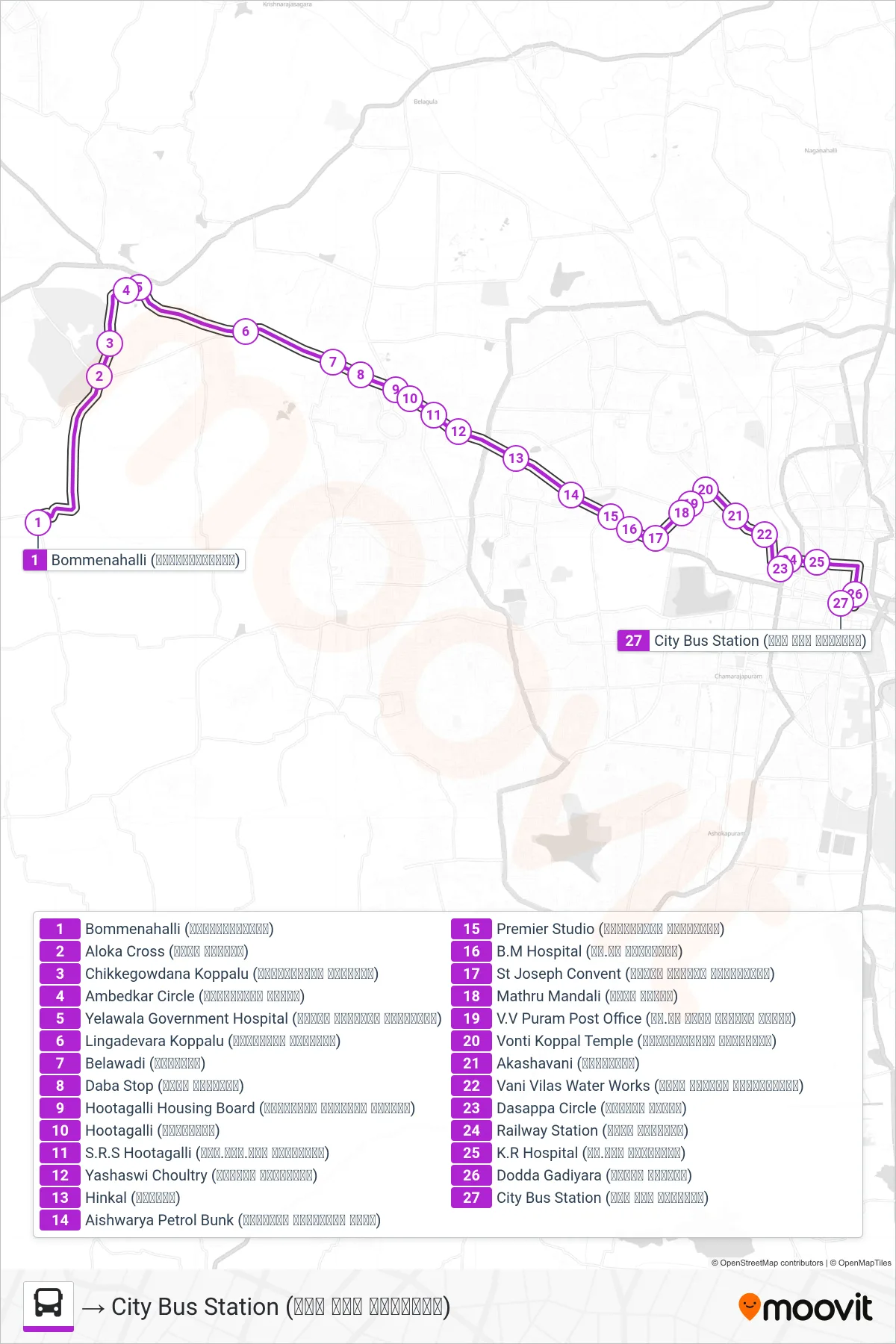 268 bus Line (→ City Bus Station (ನಗರ ಬಸ್ ನಿಲ್ದಾಣ)) route and stops on a map