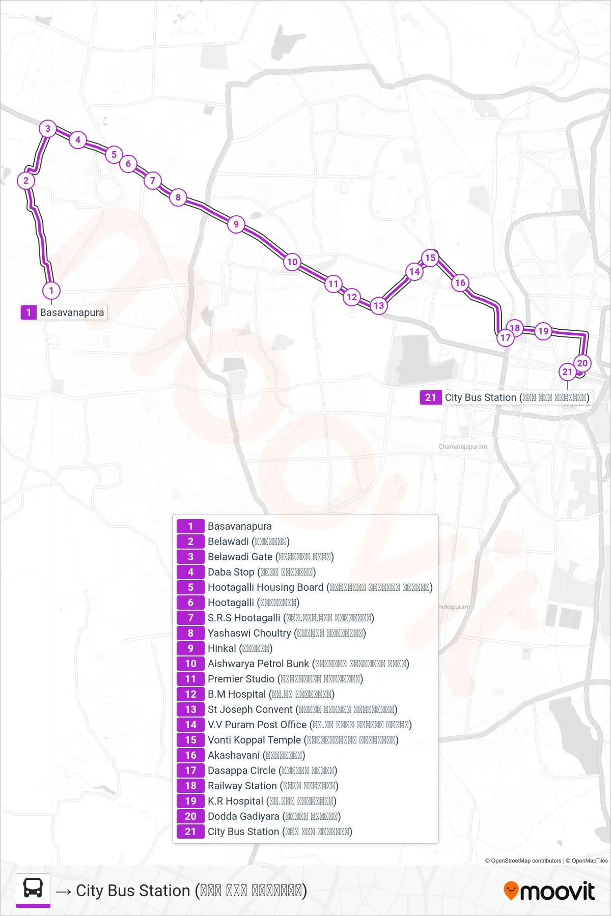 270 bus Line (→ City Bus Station (ನಗರ ಬಸ್ ನಿಲ್ದಾಣ)) route and stops on a map
