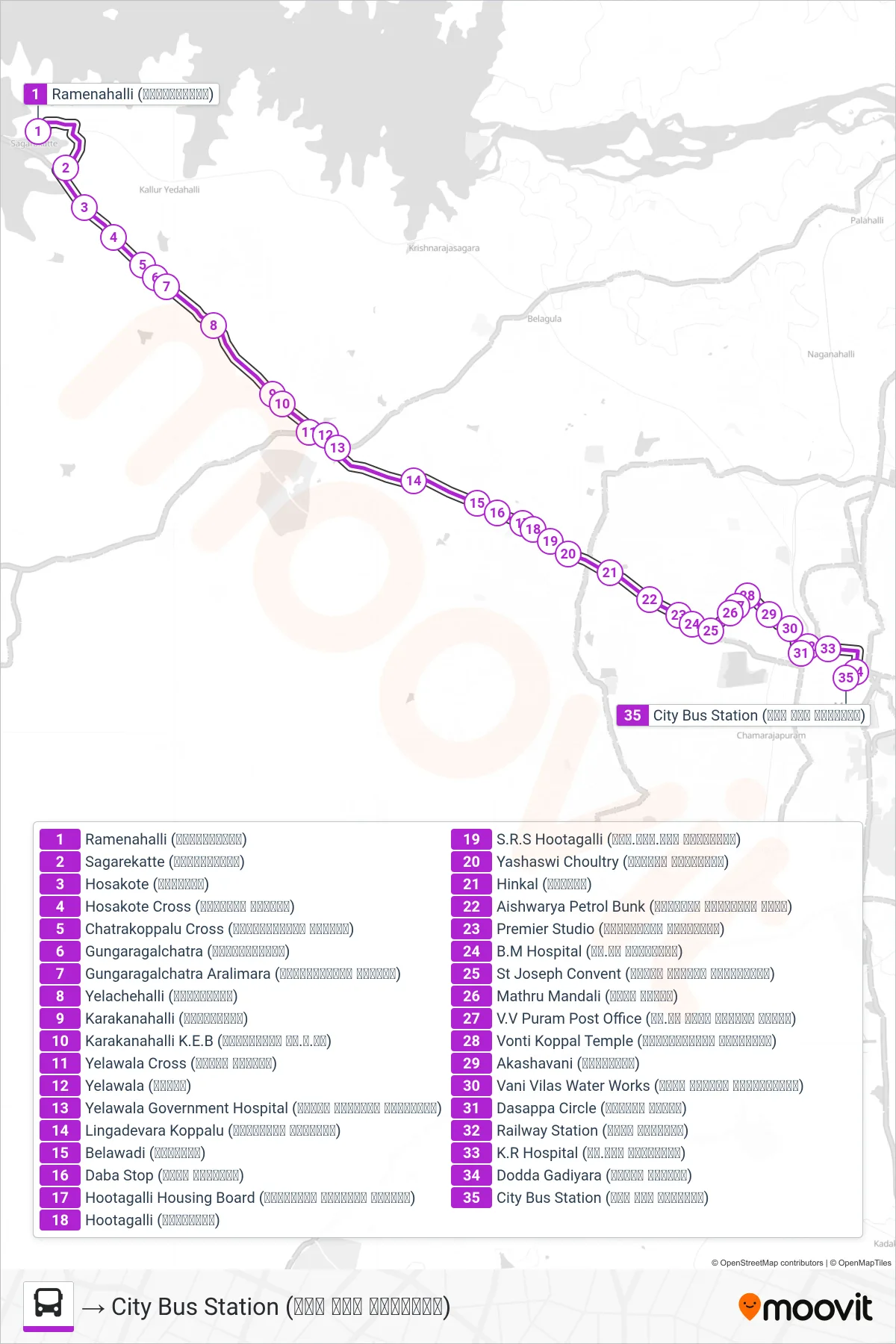 278 bus Line (→ City Bus Station (ನಗರ ಬಸ್ ನಿಲ್ದಾಣ)) route and stops on a map