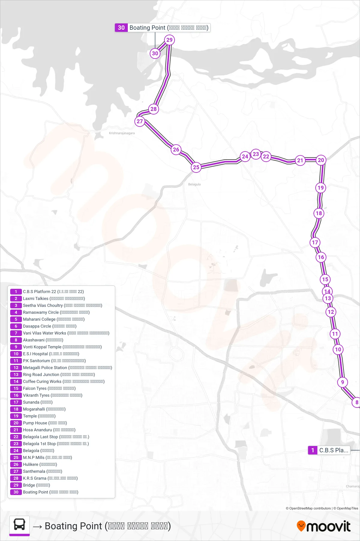 303 bus Line (→ Boating Point (ದೋಣಿ ವಿಹಾರ ಸ್ಥಳ)) route and stops on a map