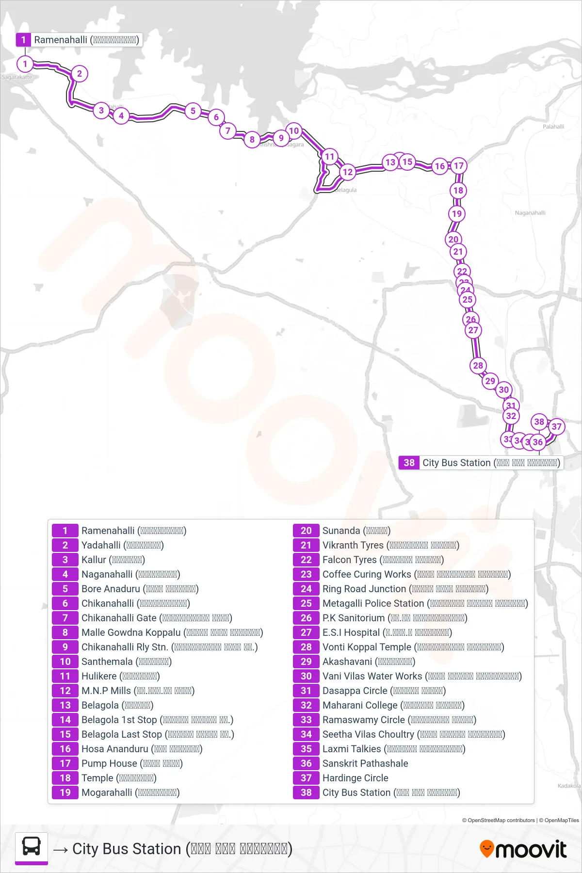 305 bus Line (→ City Bus Station (ನಗರ ಬಸ್ ನಿಲ್ದಾಣ)) route and stops on a map