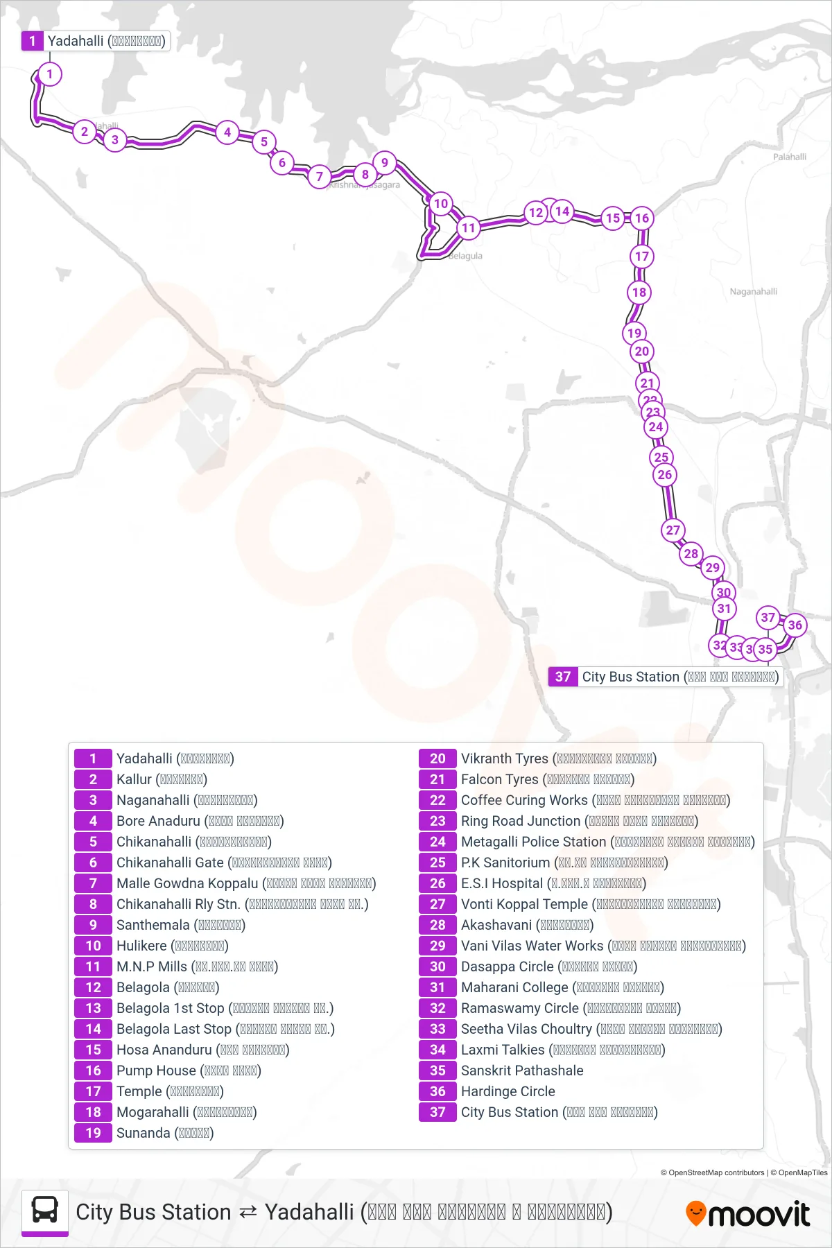 306 bus Line (→ City Bus Station (ನಗರ ಬಸ್ ನಿಲ್ದಾಣ)) route and stops on a map