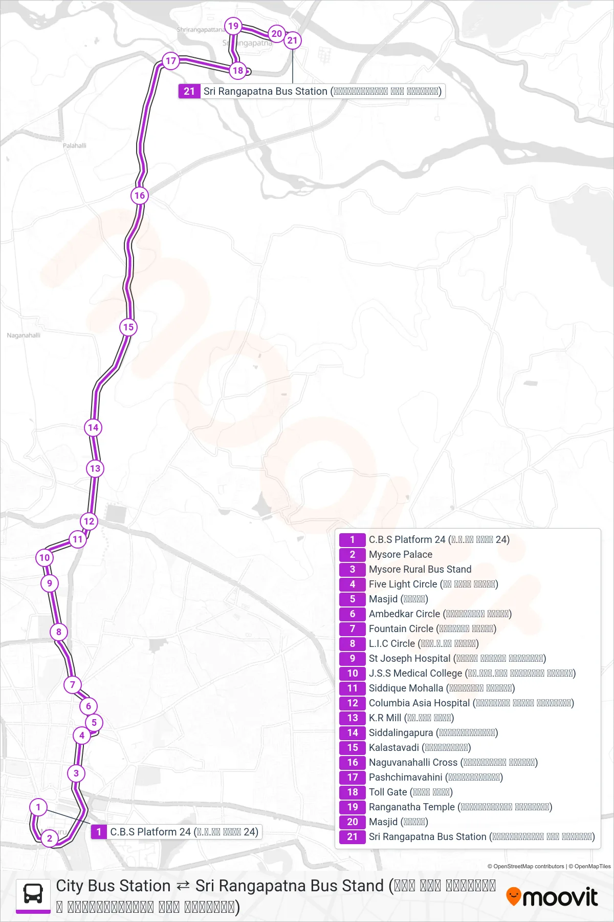 313 bus Line (→ Sri Rangapatna Bus Stand (ಶ್ರೀರಂಗಪಟ್ಟಣ ಬಸ್ ನಿಲ್ದಾಣ)) route and stops on a map