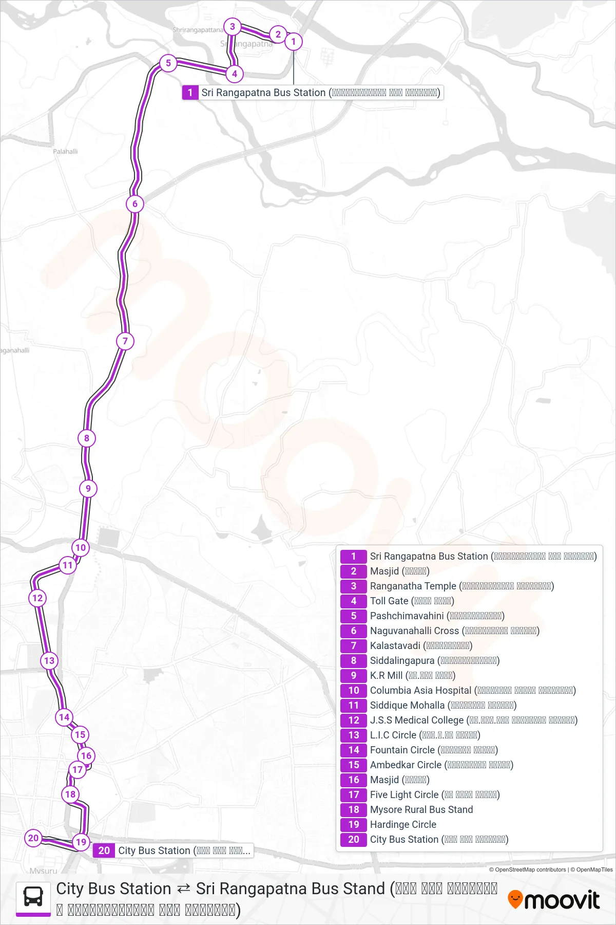 313 bus Line (→ City Bus Station (ನಗರ ಬಸ್ ನಿಲ್ದಾಣ)) route and stops on a map