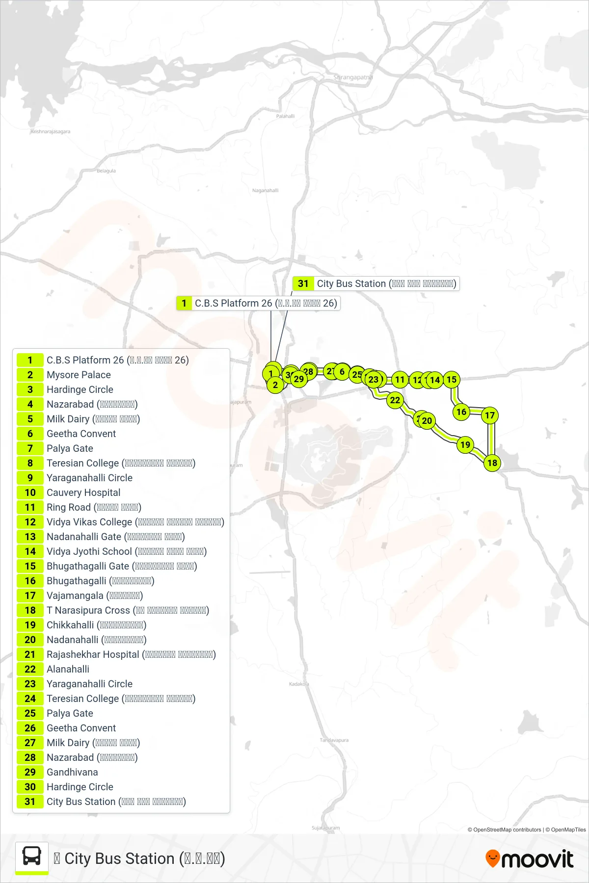 335 bus Line (↺ City Bus Station (ನ.ಬ.ನಿ)) route and stops on a map