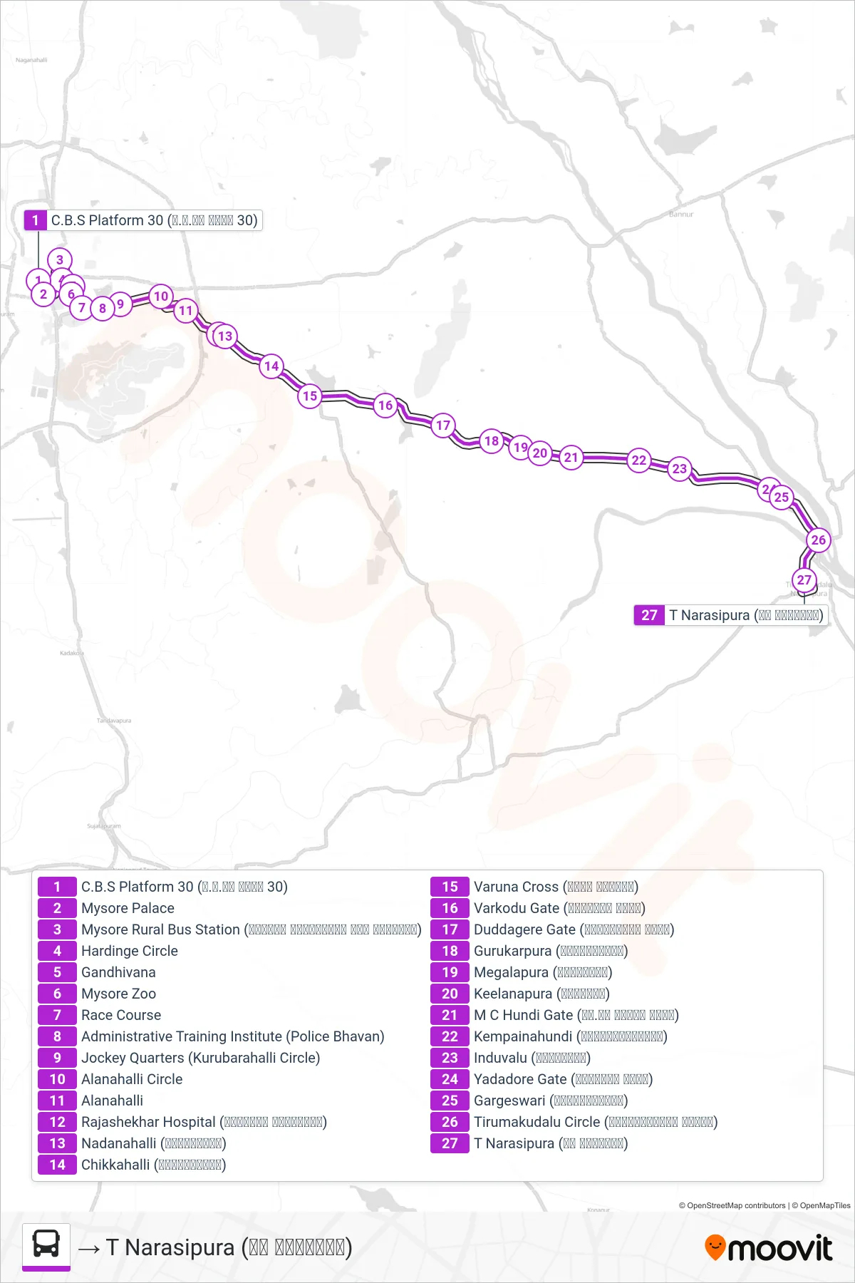 340 bus Line (→ T Narasipura (ಟಿ ನರಸೀಪುರ)) route and stops on a map