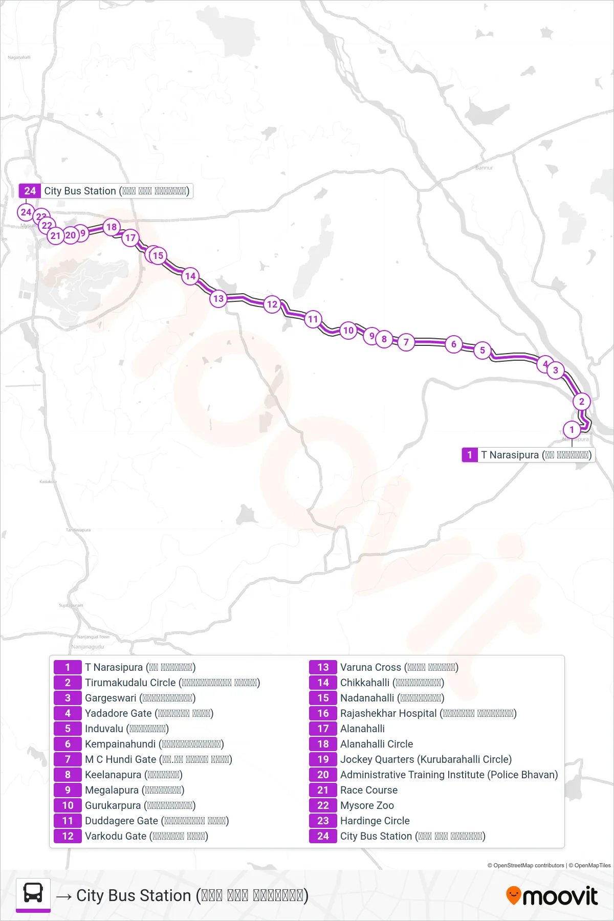 340 bus Line (→ City Bus Station (ನಗರ ಬಸ್ ನಿಲ್ದಾಣ)) route and stops on a map