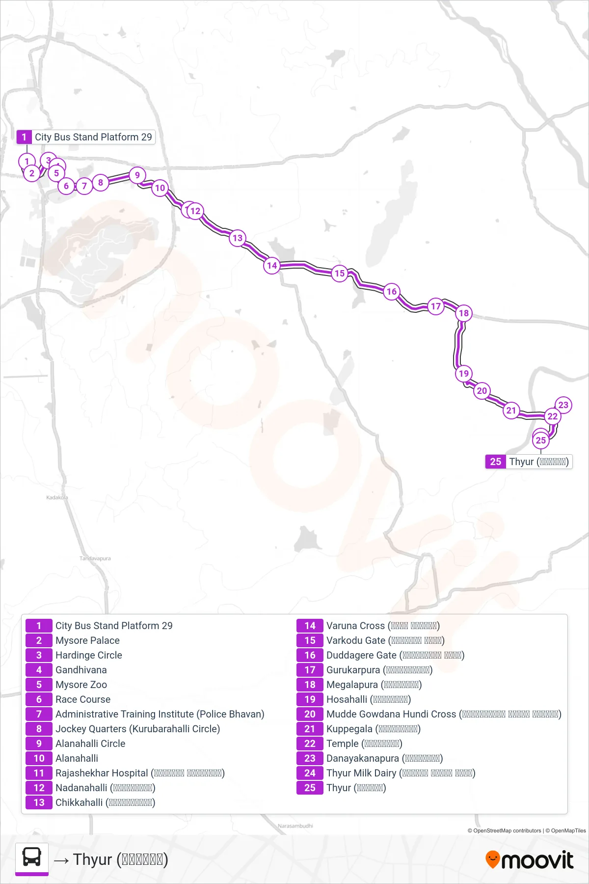 342 bus Line (→ Thyur (ತೈಯೂರು)) route and stops on a map