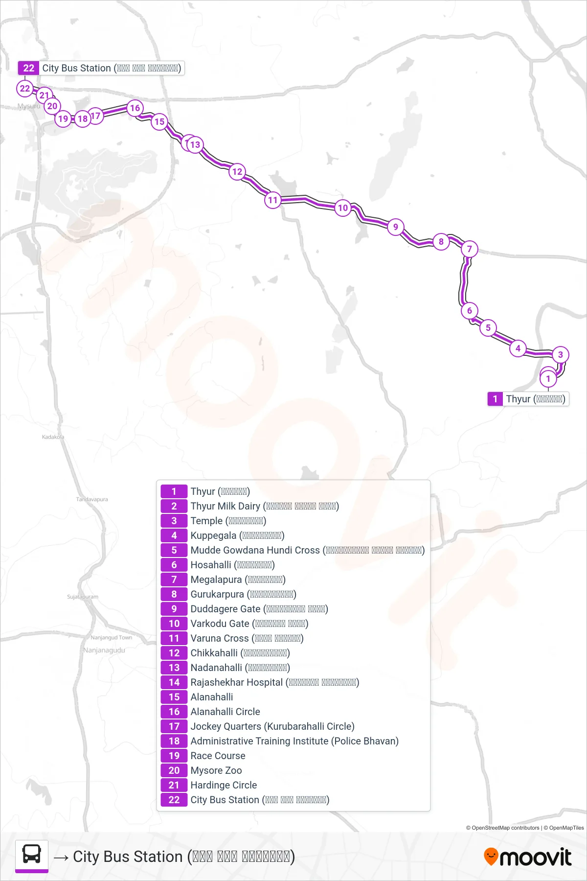 342 bus Line (→ City Bus Station (ನಗರ ಬಸ್ ನಿಲ್ದಾಣ)) route and stops on a map
