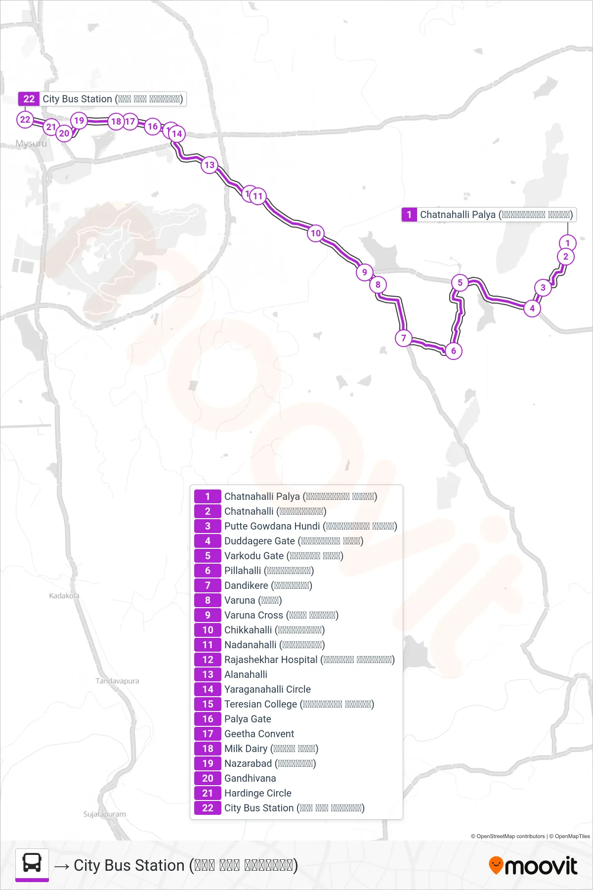 345 bus Line (→ City Bus Station (ನಗರ ಬಸ್ ನಿಲ್ದಾಣ)) route and stops on a map