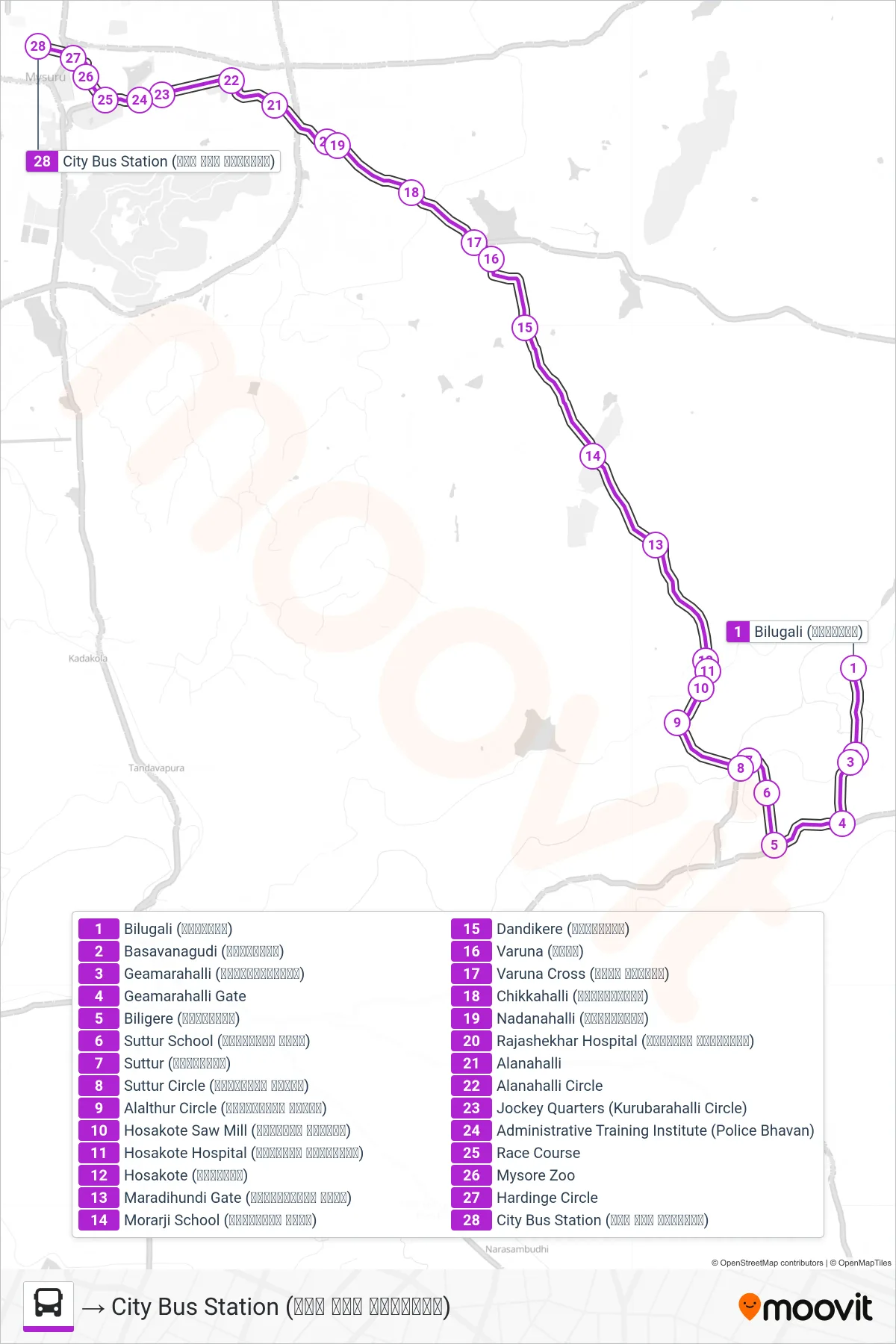 346 bus Line (→ City Bus Station (ನಗರ ಬಸ್ ನಿಲ್ದಾಣ)) route and stops on a map