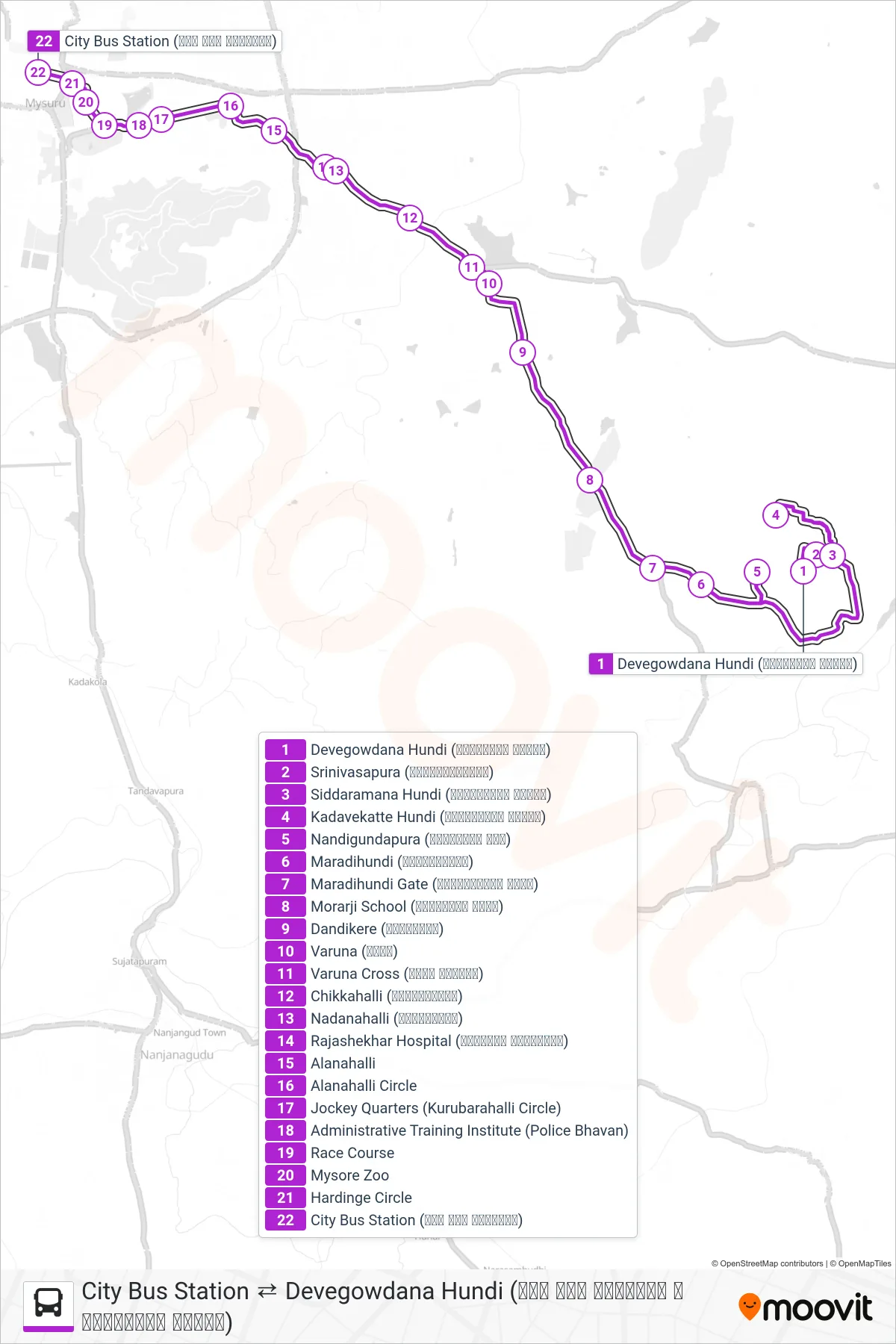 347 bus Line (→ City Bus Station (ನಗರ ಬಸ್ ನಿಲ್ದಾಣ)) route and stops on a map