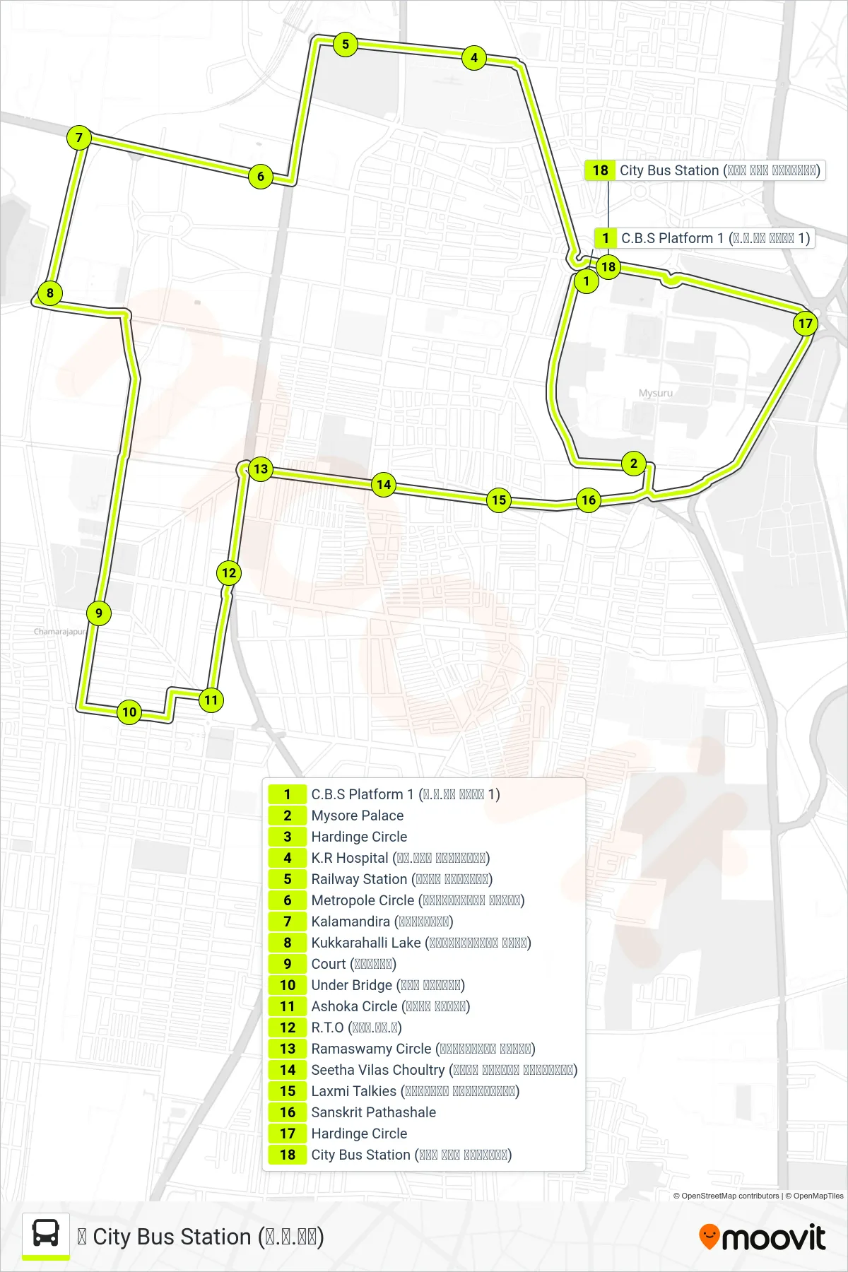 500 bus Line (↺ City Bus Station (ನ.ಬ.ನಿ)) route and stops on a map