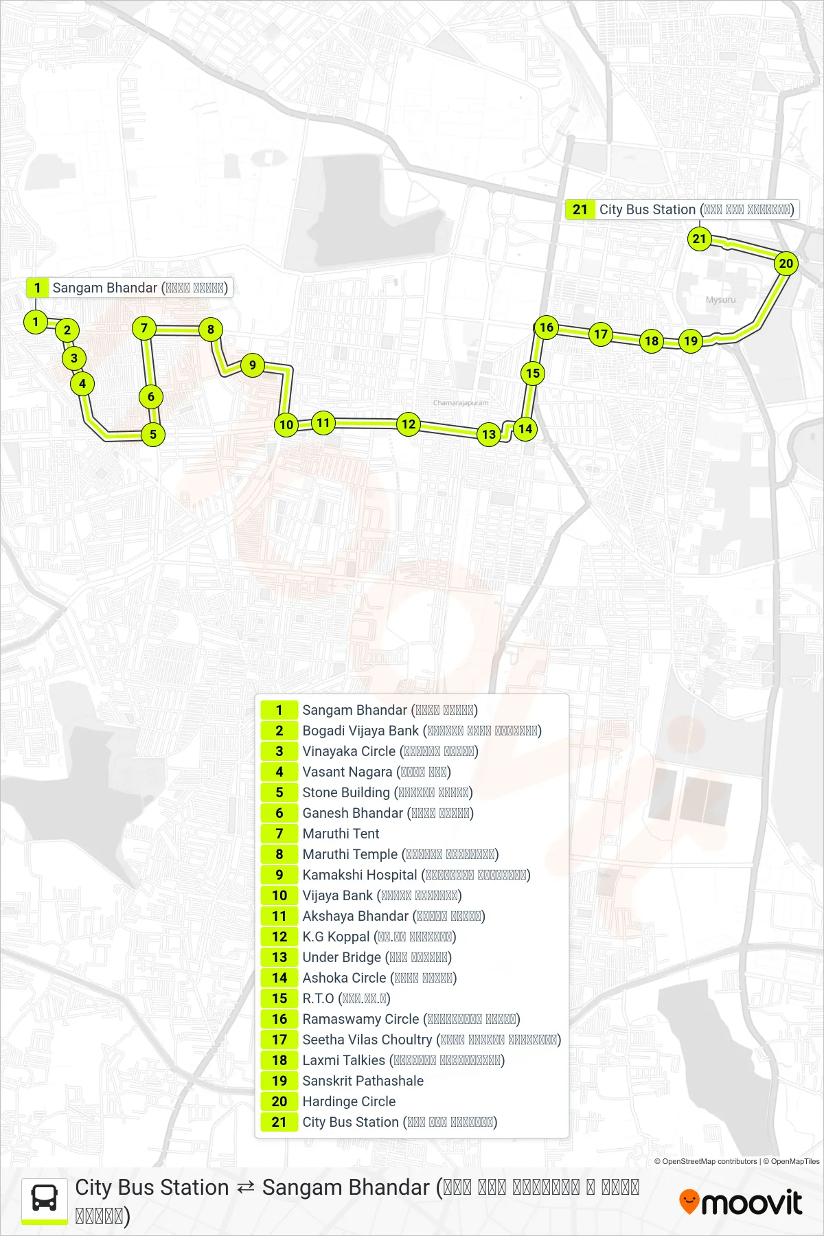 51A bus Line (→ City Bus Station (ನಗರ ಬಸ್ ನಿಲ್ದಾಣ)) route and stops on a map