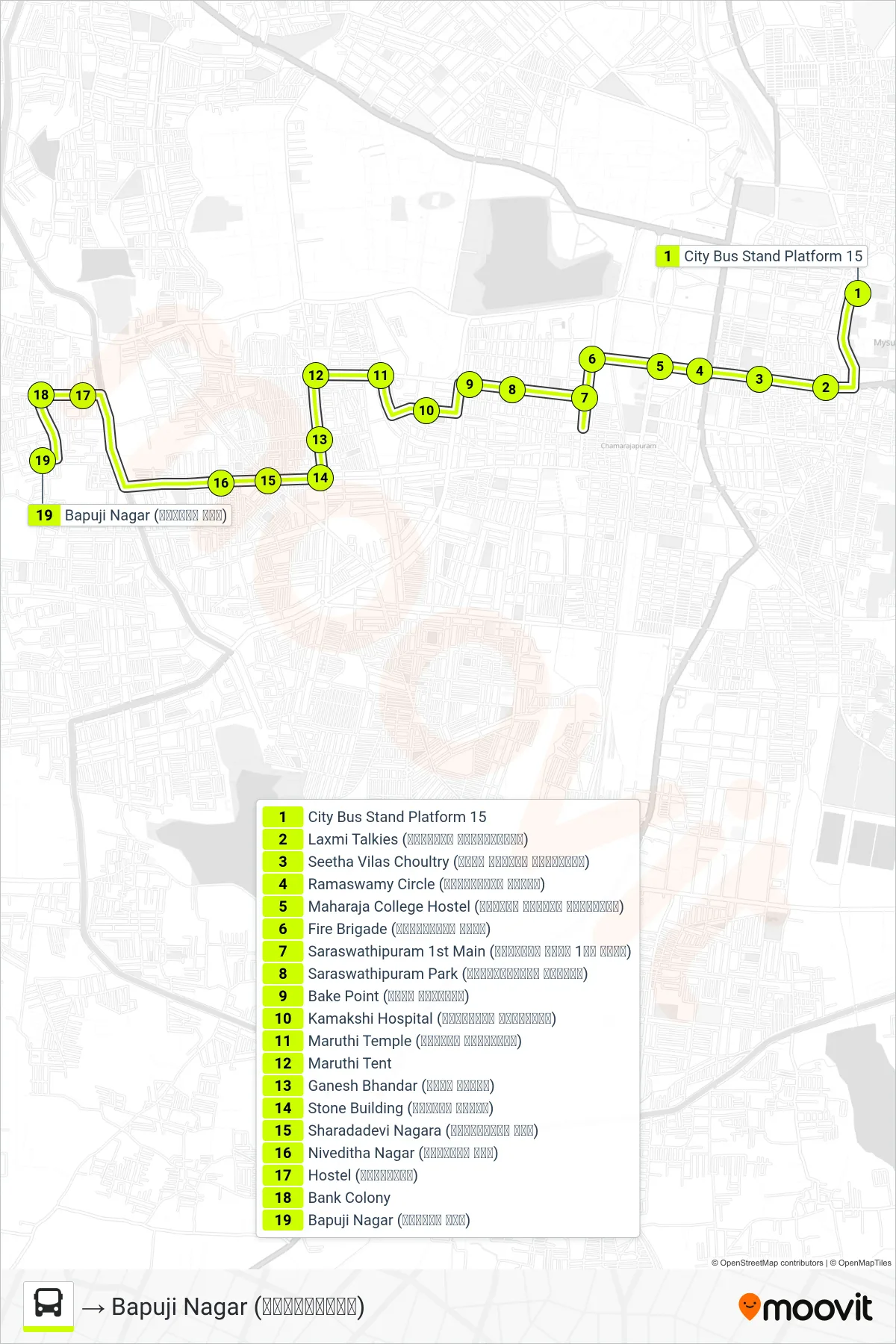 51C bus Line (→ Bapuji Nagar (ಬಾಪೂಜಿನಗರ)) route and stops on a map