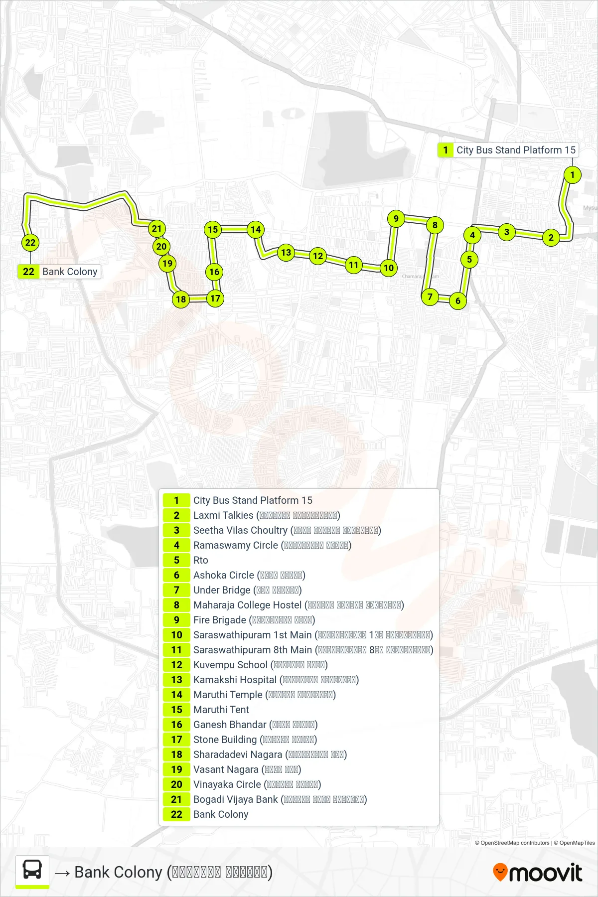 51D bus Line (→ Bank Colony (ಬ್ಯಾಂಕ್ ಕಾಲೋನಿ)) route and stops on a map