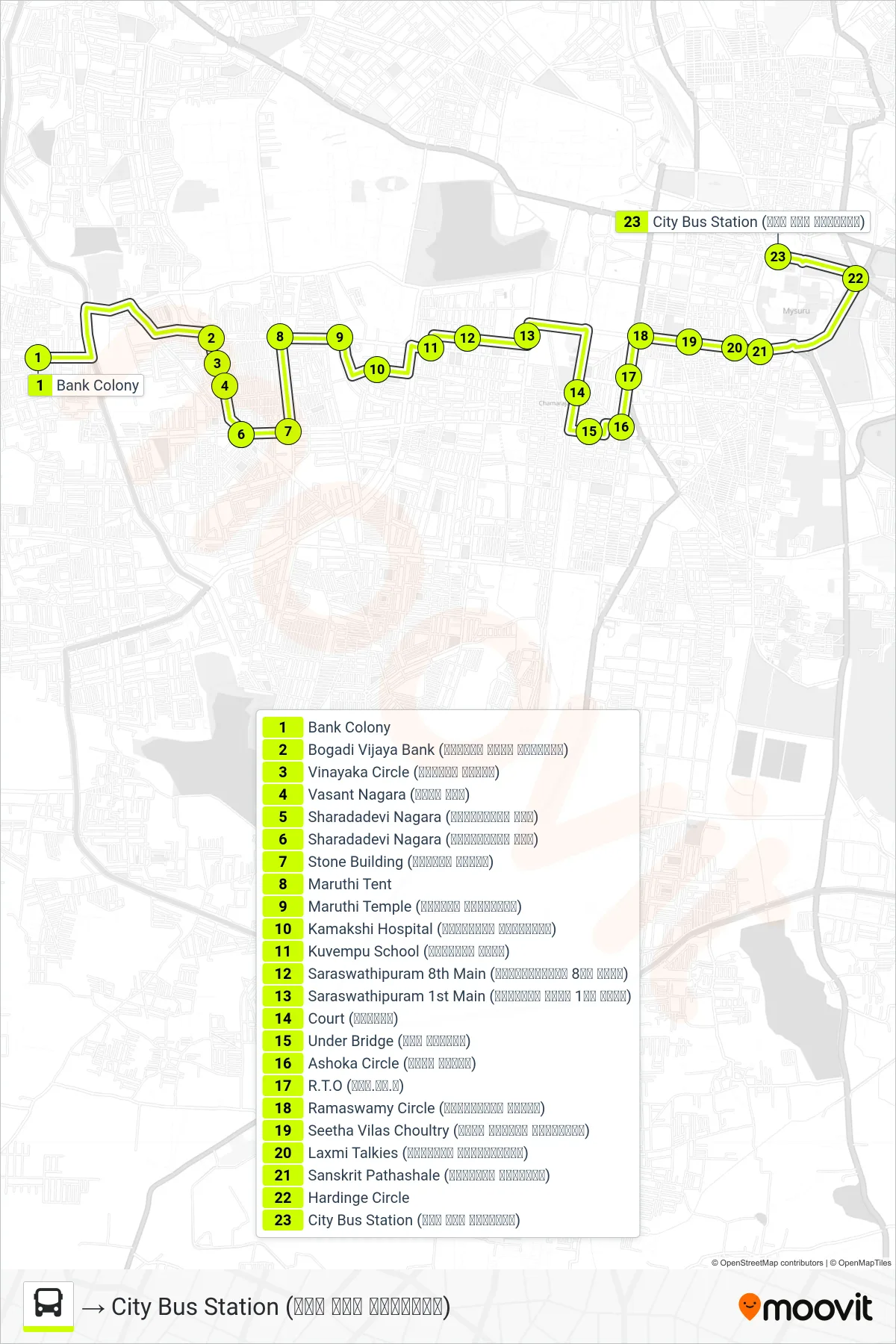 51D bus Line (→ City Bus Station (ನಗರ ಬಸ್ ನಿಲ್ದಾಣ)) route and stops on a map