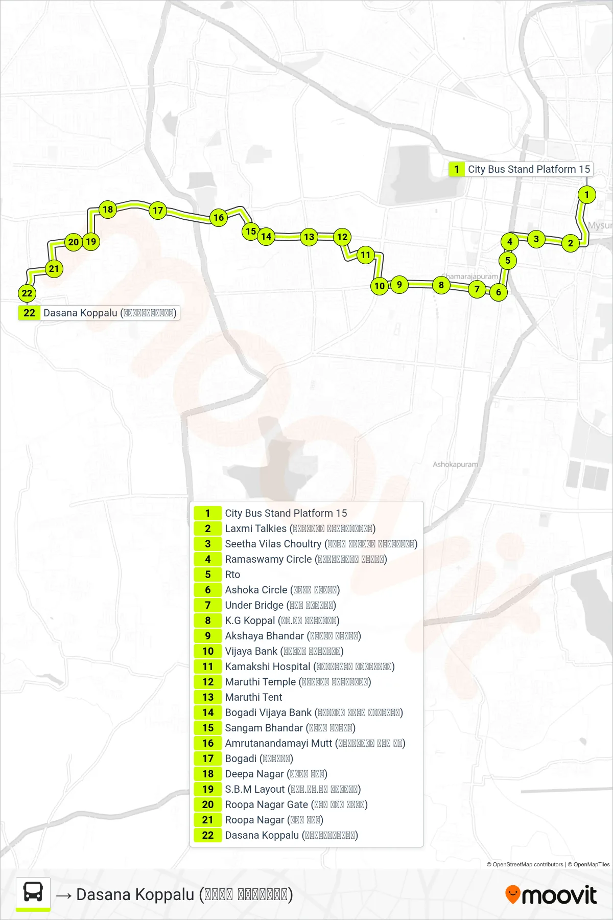 51E bus Line (→ Dasana Koppalu (ದಾಸನ ಕೊಪ್ಪಲು)) route and stops on a map