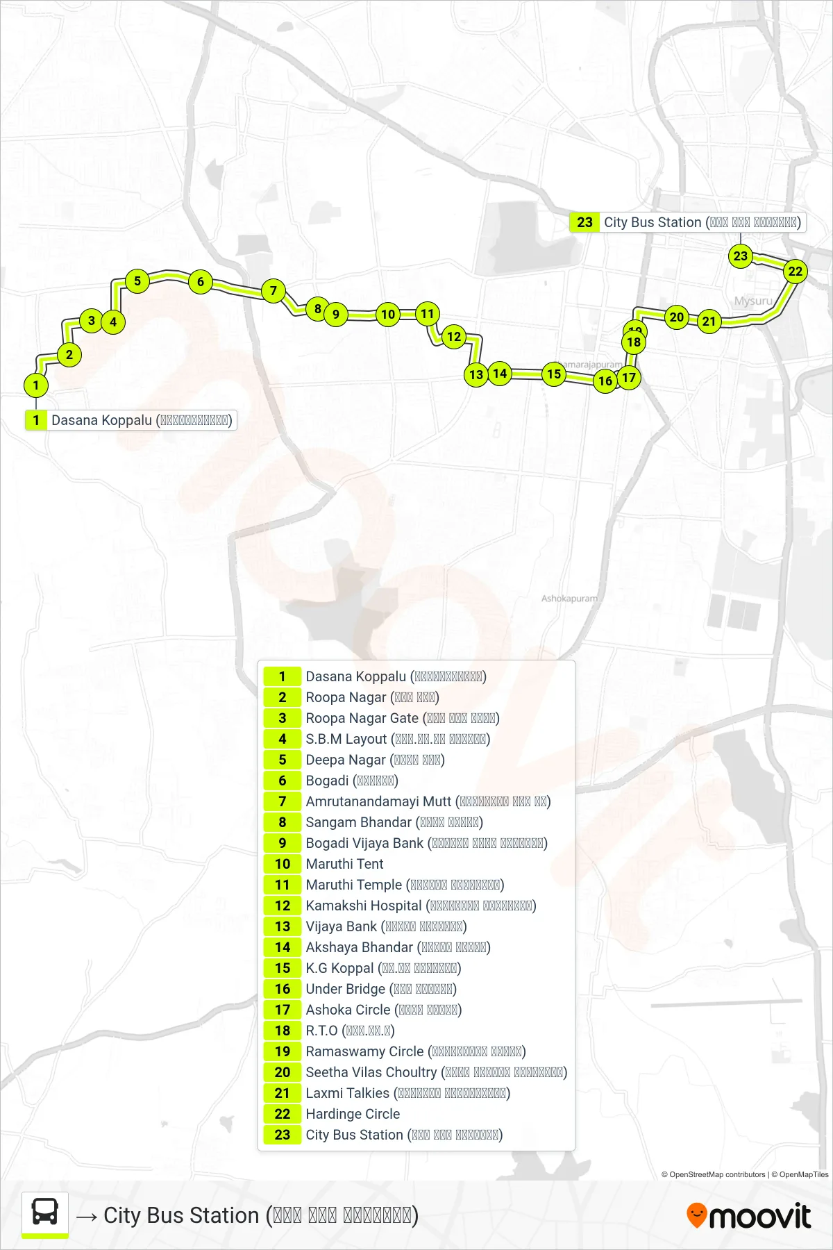 51E bus Line (→ City Bus Station (ನಗರ ಬಸ್ ನಿಲ್ದಾಣ)) route and stops on a map