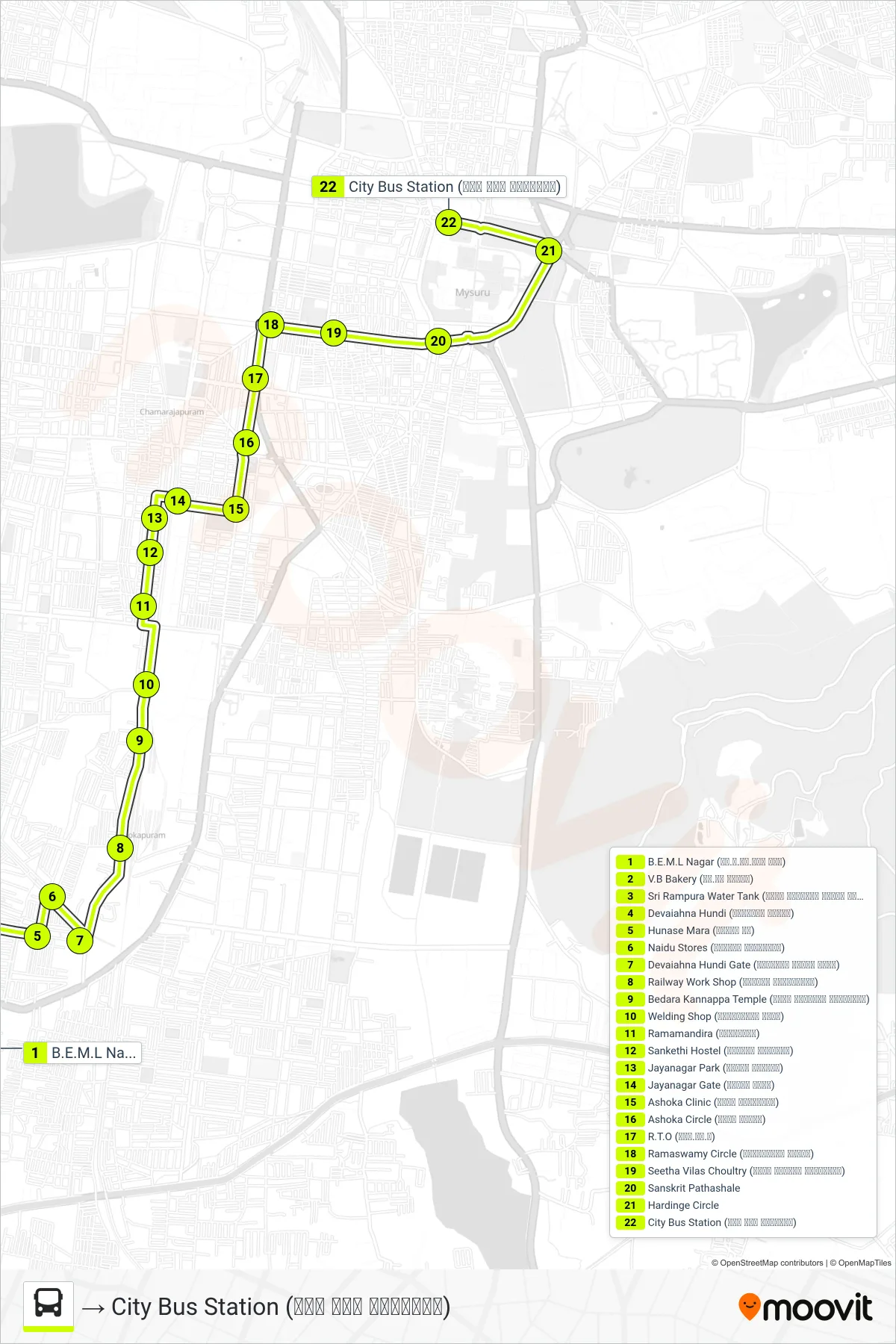 60A bus Line (→ City Bus Station (ನಗರ ಬಸ್ ನಿಲ್ದಾಣ)) route and stops on a map