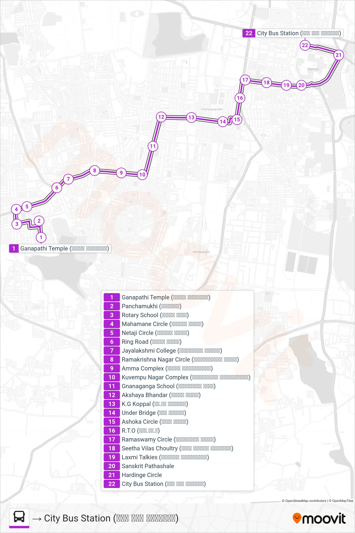 62D bus Line (→ City Bus Station (ನಗರ ಬಸ್ ನಿಲ್ದಾಣ)) route and stops on a map