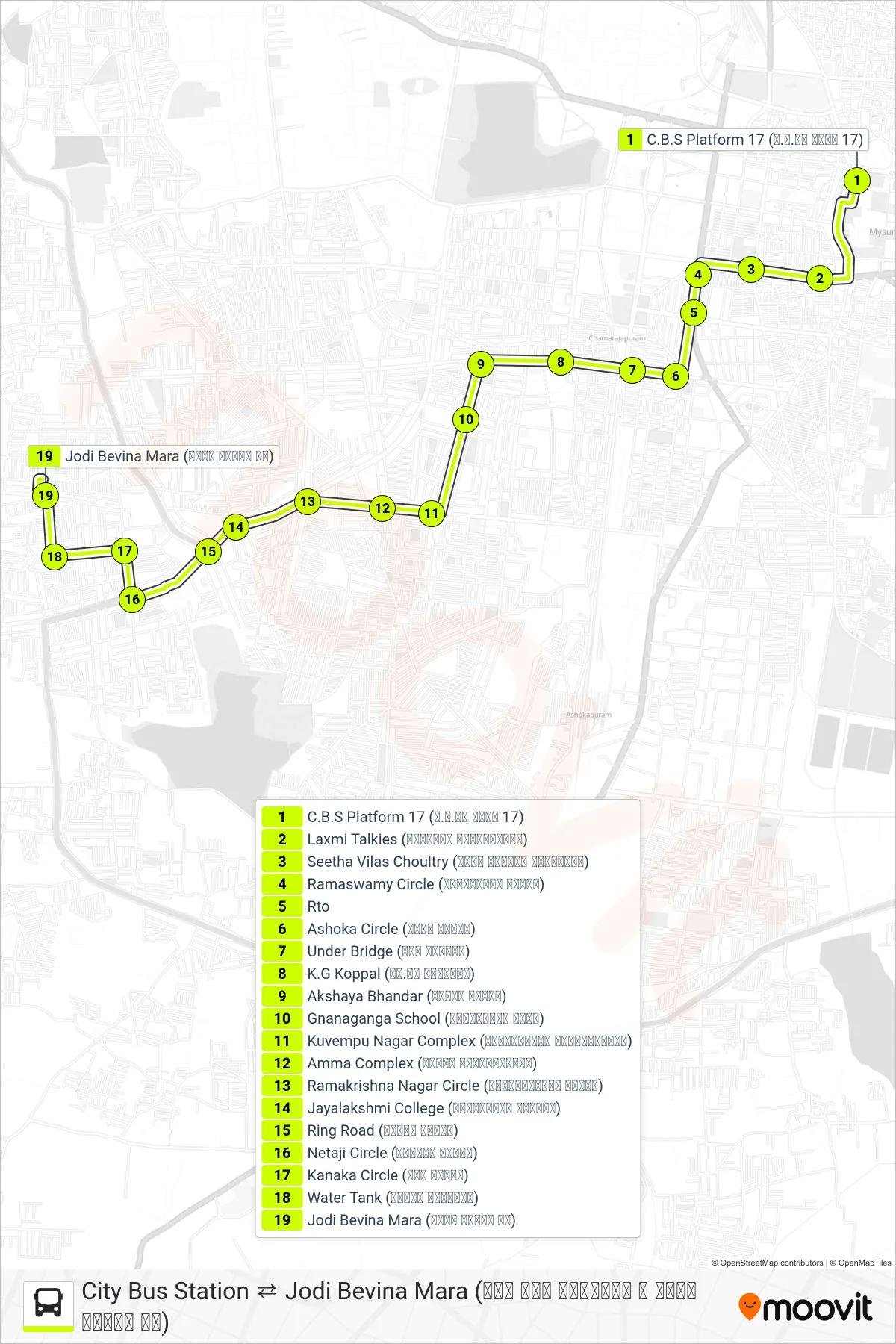 62E bus Line (→ Jodi Bevina Mara (ಜೋಡಿ ಬೇವಿನ ಮರ)) route and stops on a map