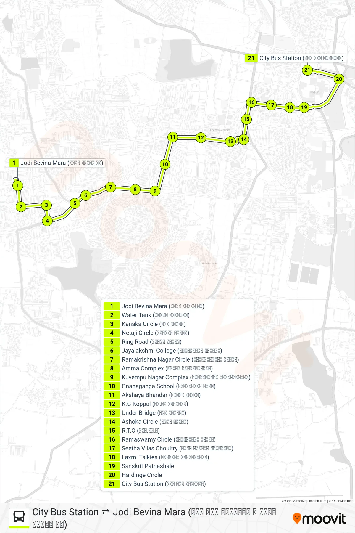 62E bus Line (→ City Bus Station (ನಗರ ಬಸ್ ನಿಲ್ದಾಣ)) route and stops on a map