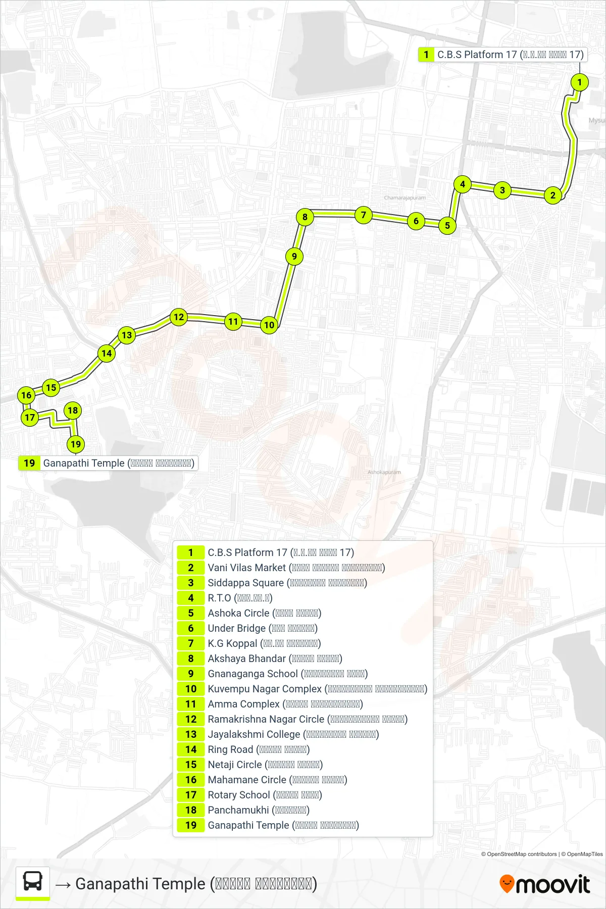 62F bus Line (→ Ganapathi Temple (ಗಣಪತಿ ದೇವಸ್ಥಾನ)) route and stops on a map