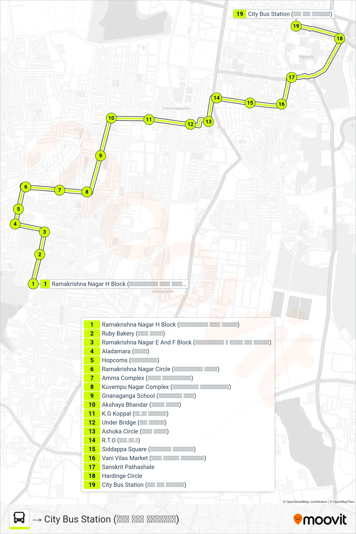 62K bus Line (→ City Bus Station (ನಗರ ಬಸ್ ನಿಲ್ದಾಣ)) route and stops on a map