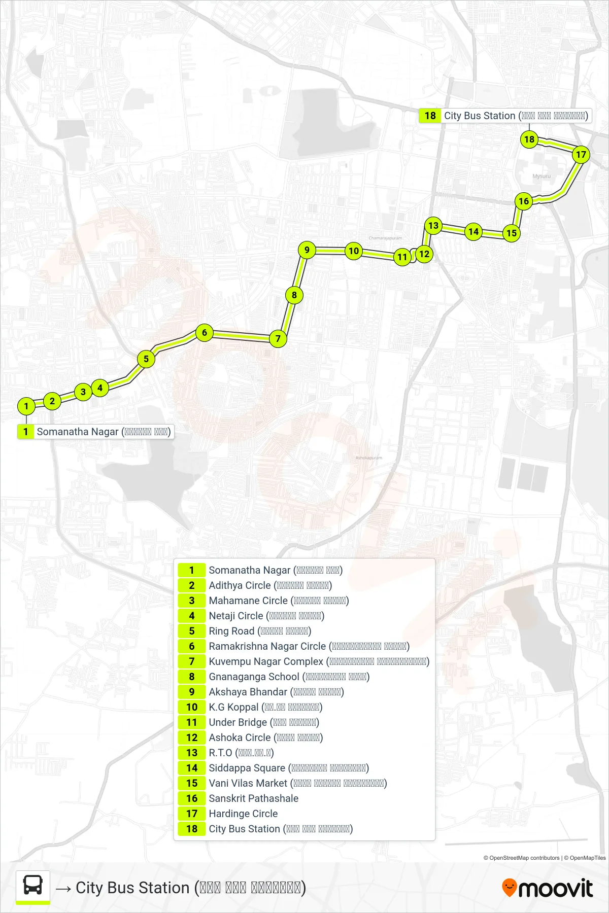 62S bus Line (→ City Bus Station (ನಗರ ಬಸ್ ನಿಲ್ದಾಣ)) route and stops on a map